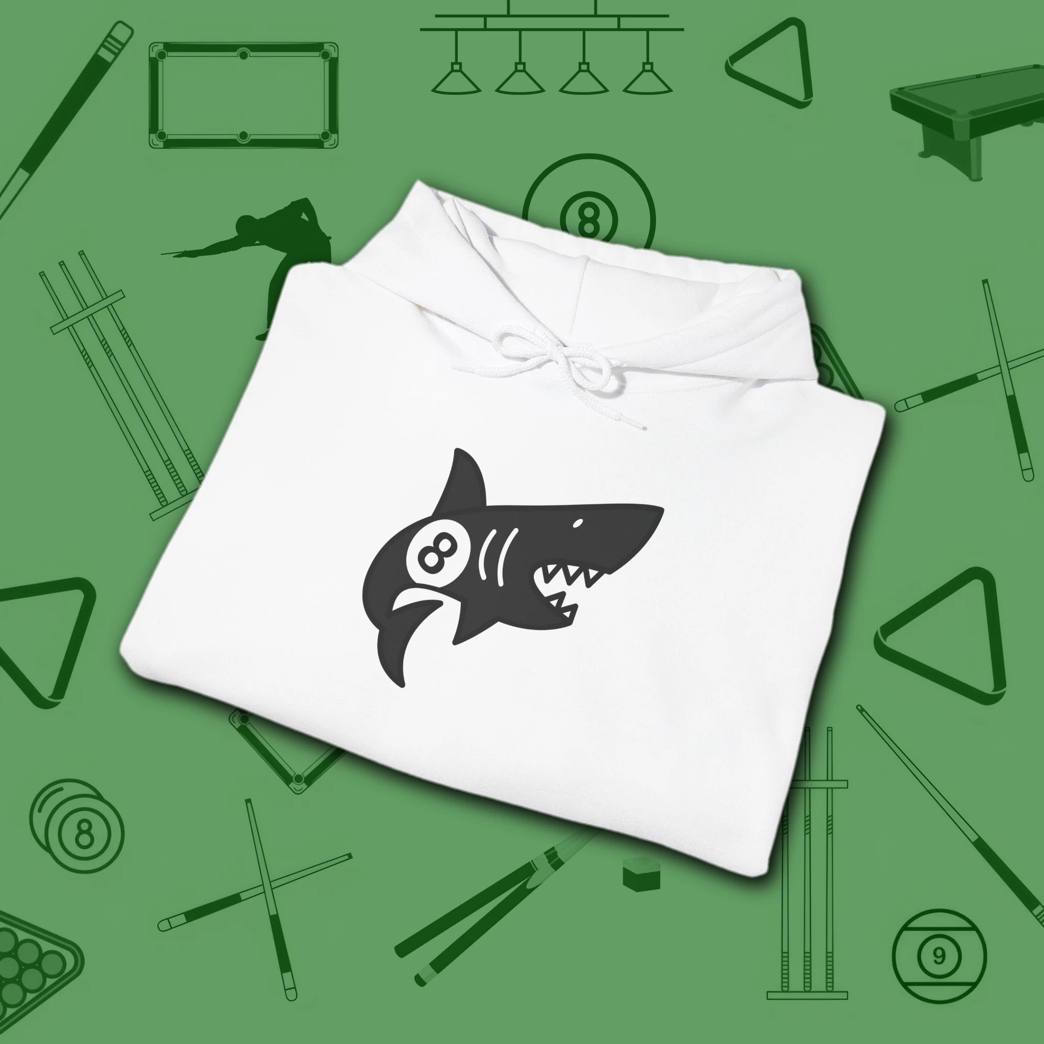 Pool Shark Hoodie, in White color, billiards shirt, folded view