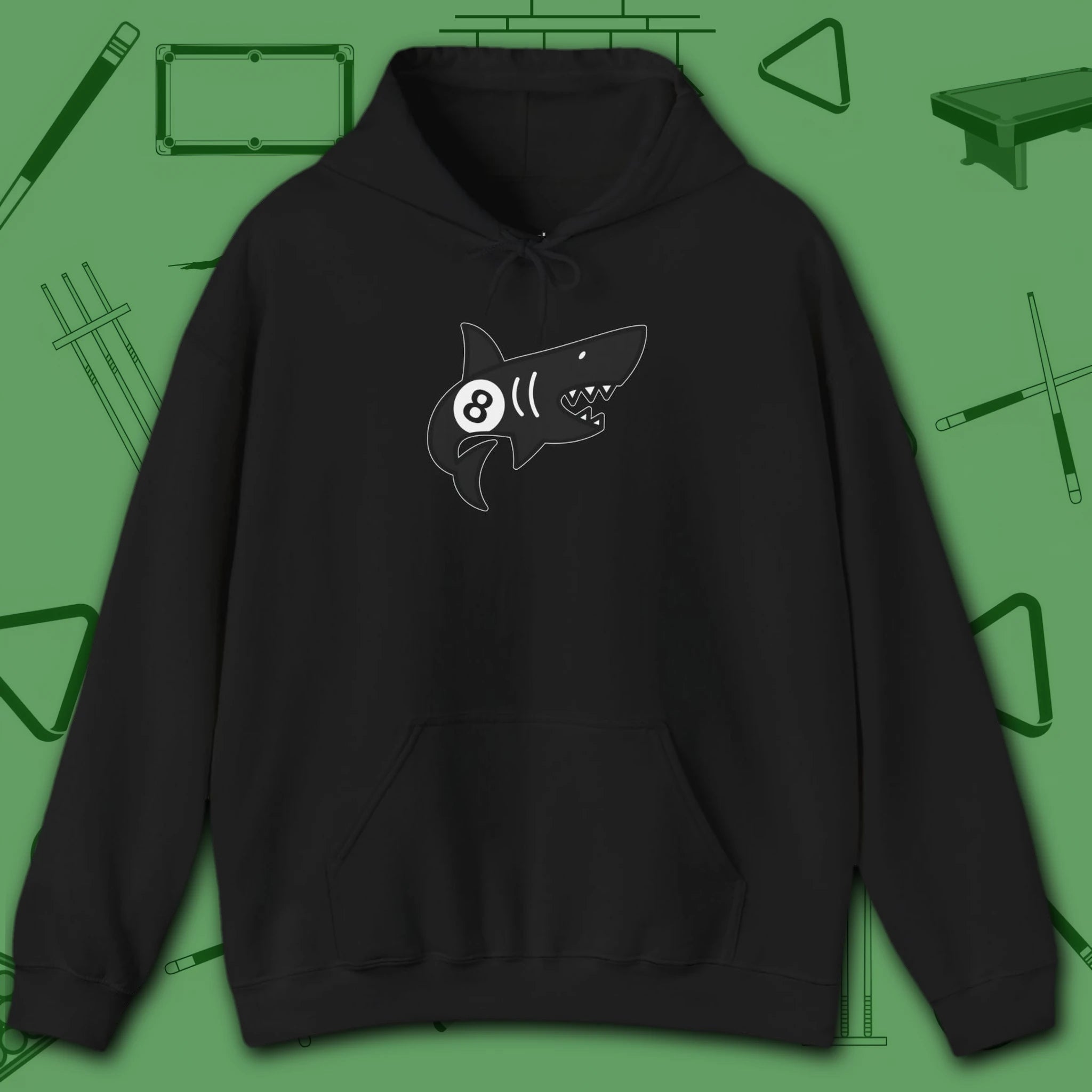 Pool Shark Hoodie, in Black color, billiards shirt, front view