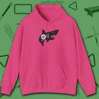 Pool Shark Hoodie, in Heliconia color, billiards shirt, front view