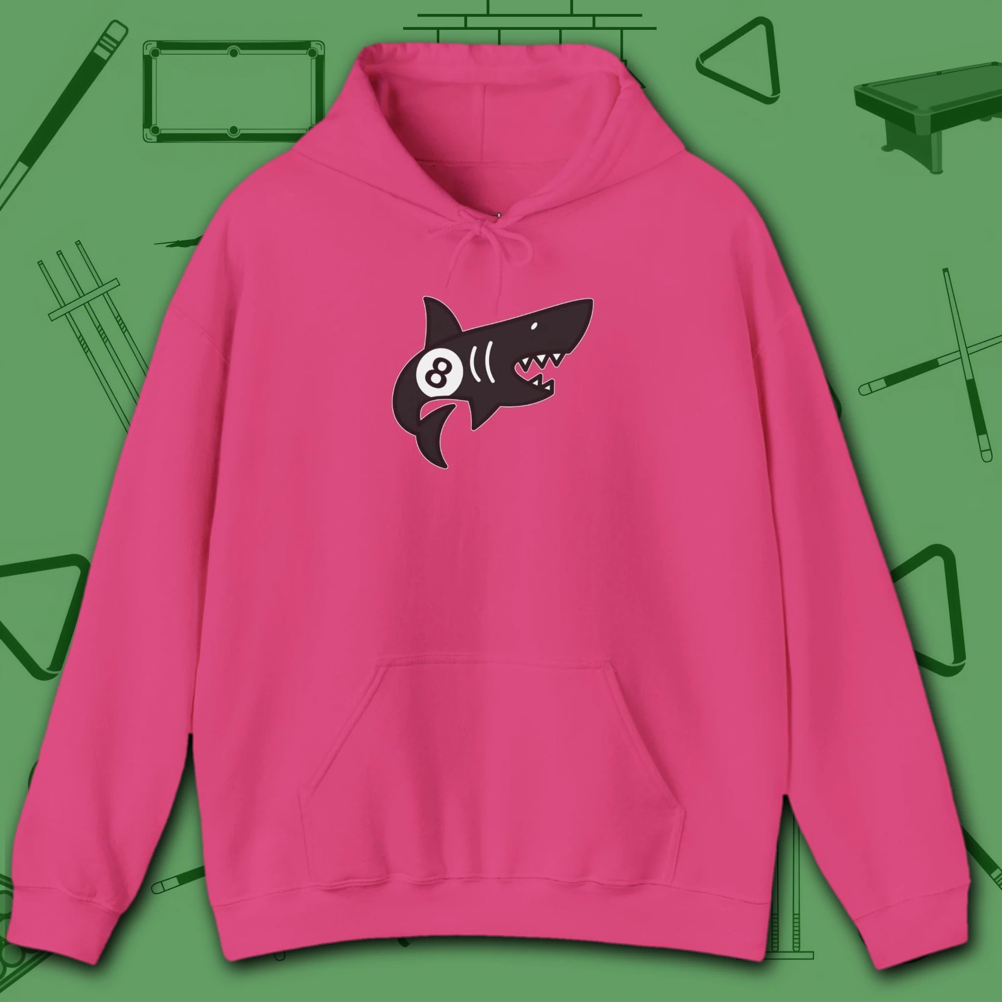 Pool Shark Hoodie, in Heliconia color, billiards shirt, front view