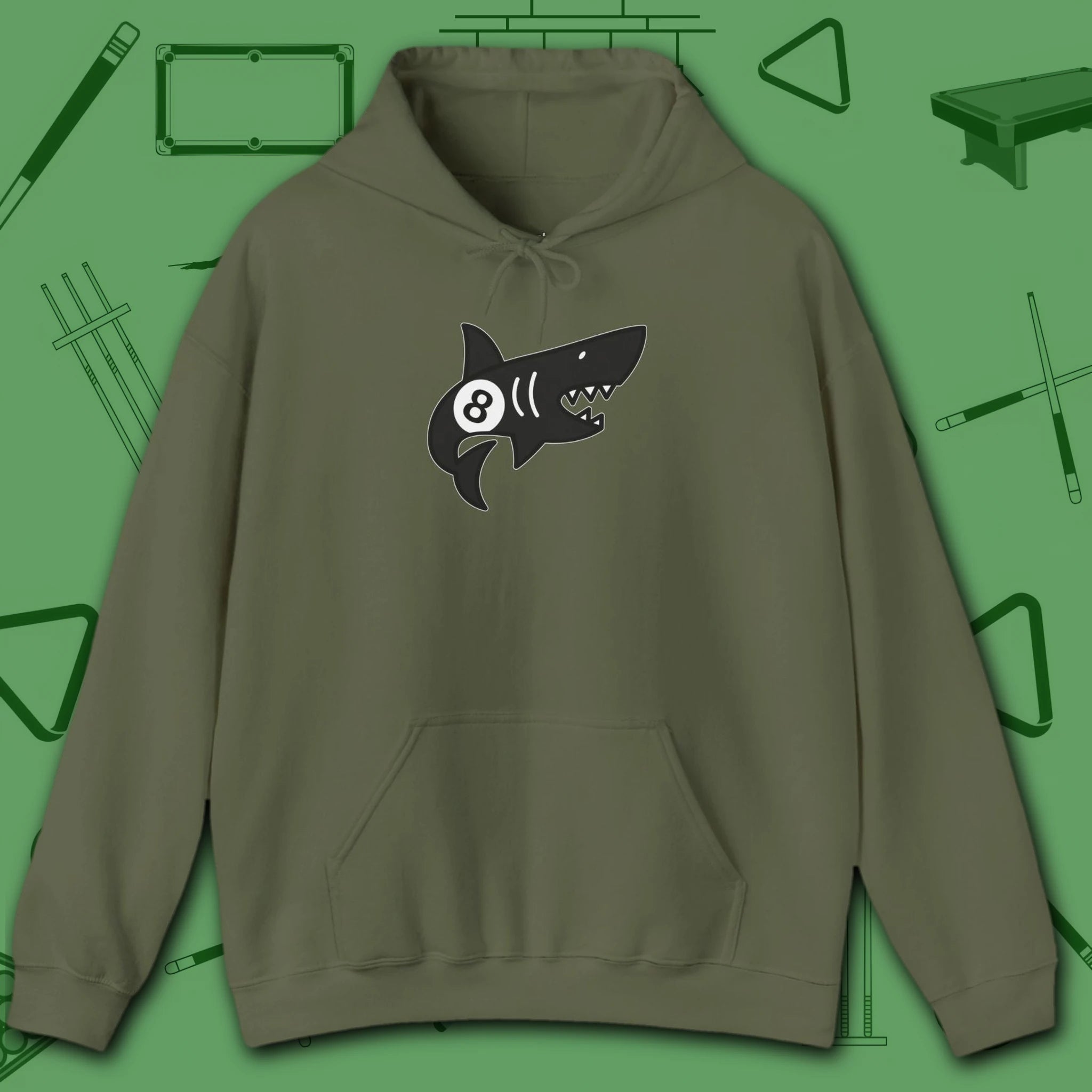 Pool Shark Hoodie, in Military Green color, billiards shirt, front view