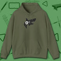 Pool Shark Hoodie, in Military Green color, billiards shirt, front view