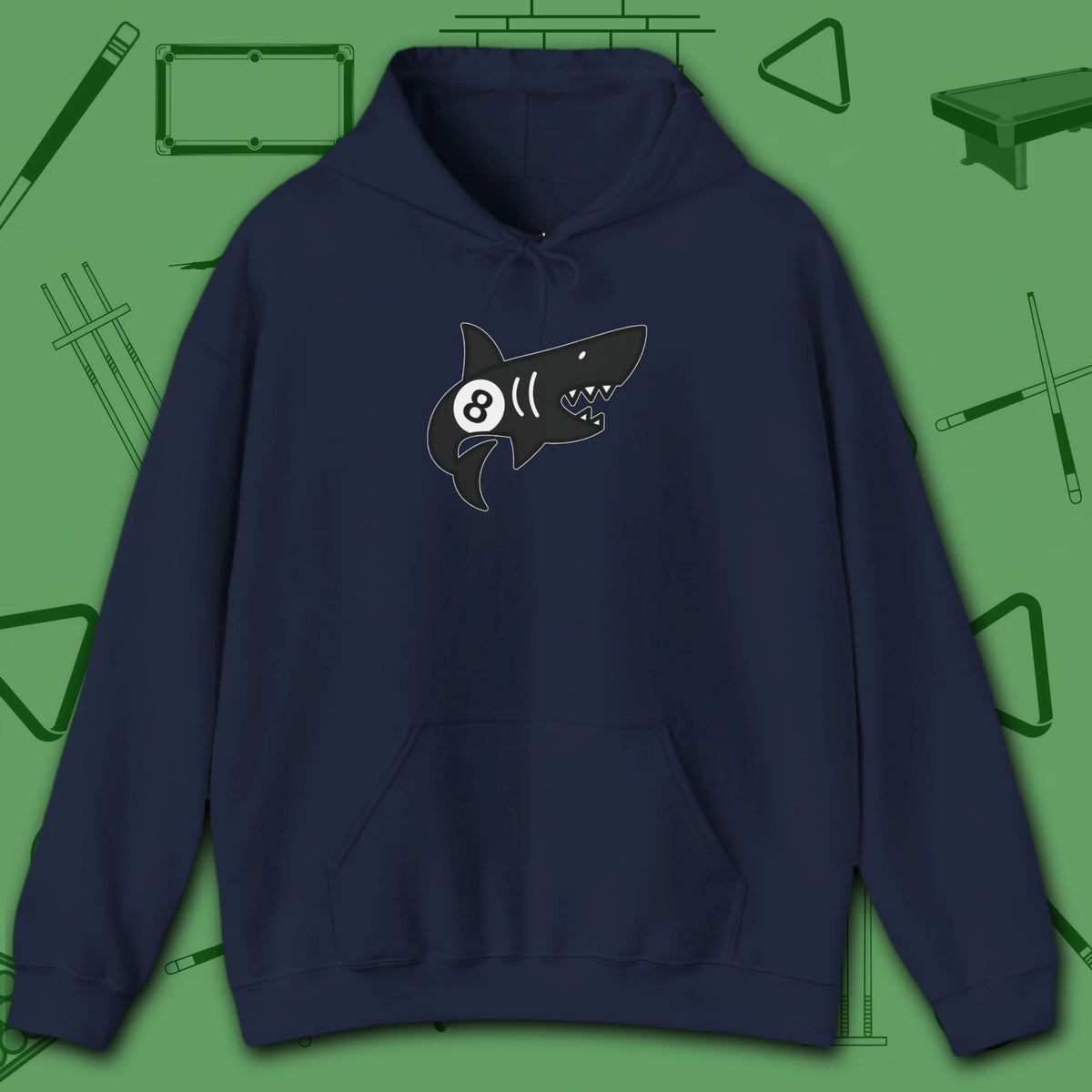 Pool Shark Hoodie, in Navy color, billiards shirt, front view