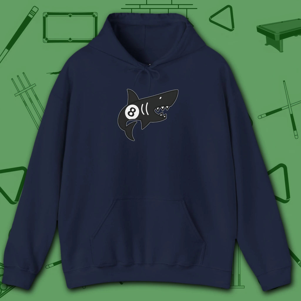 Pool Shark Hoodie, in Navy color, billiards shirt, front view