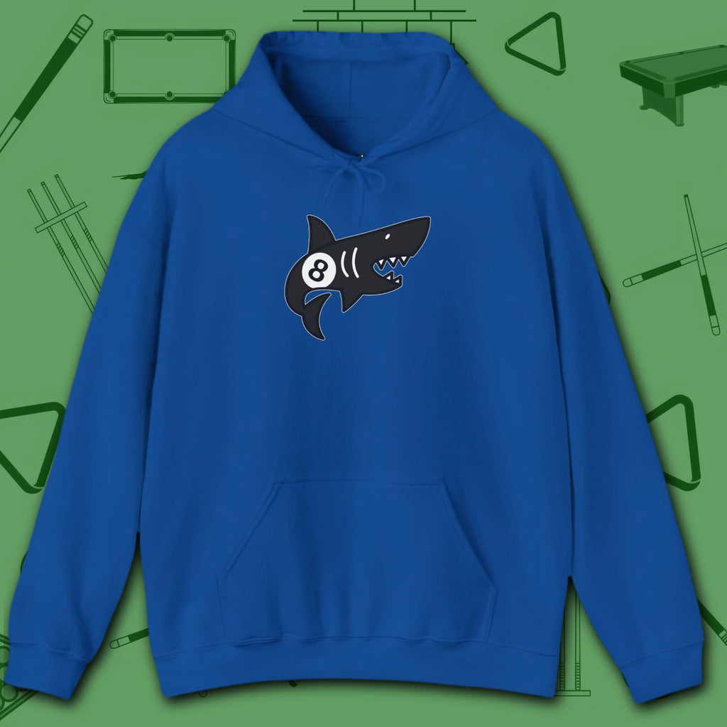 Pool Shark Hoodie, in Royal color, billiards shirt, front view