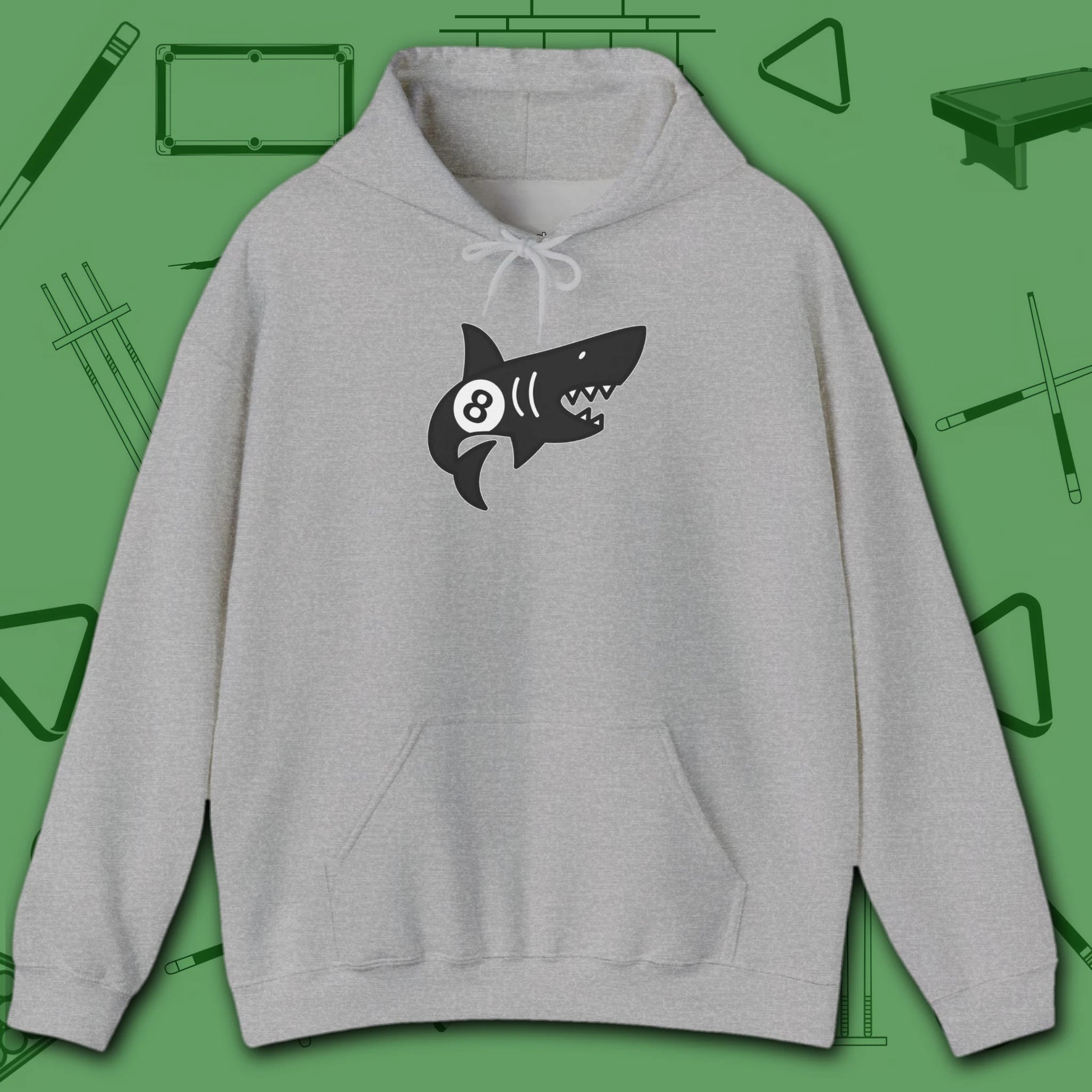 Pool Shark Hoodie, in Sport Grey color, billiards shirt, front view