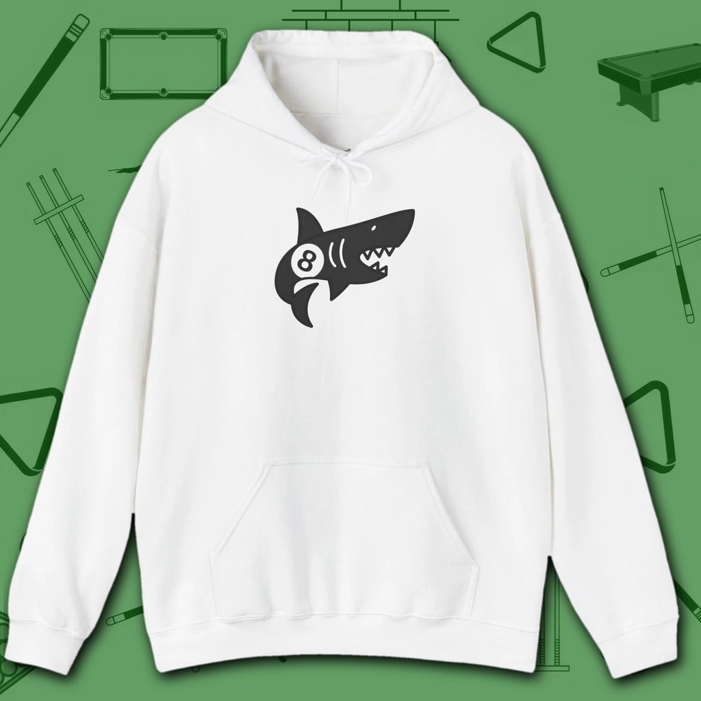 Pool Shark Hoodie, in White color, billiards shirt, front view