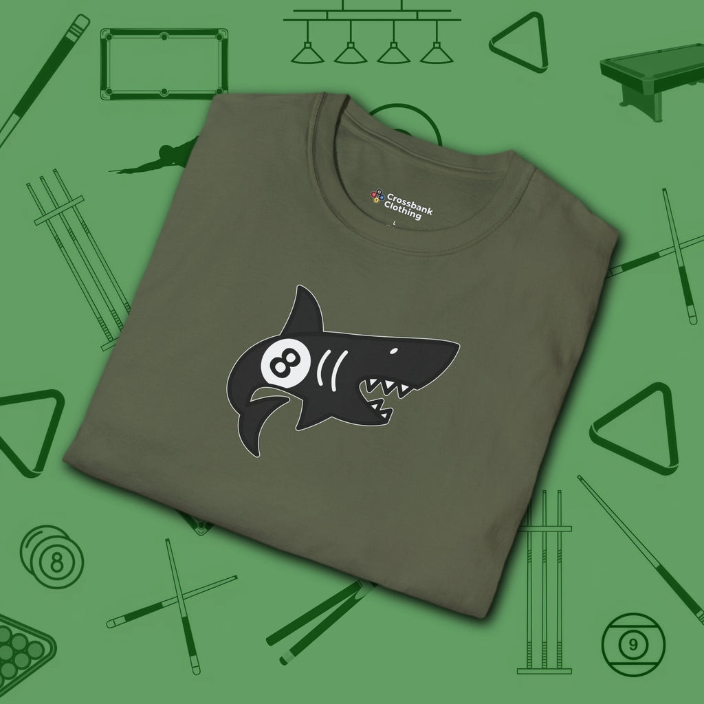 Pool Shark T-Shirt, in Military Green color, billiards shirt, folded view