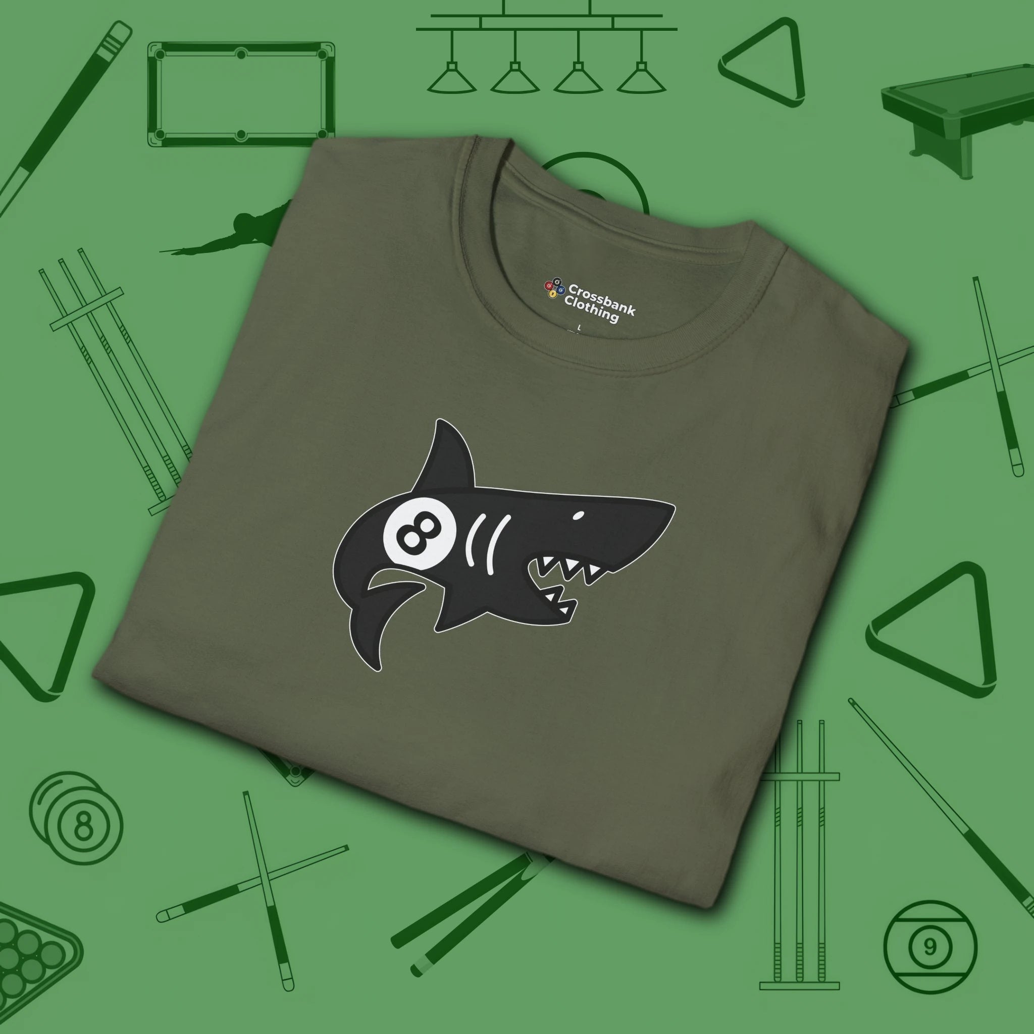 Pool Shark T-Shirt, in Military Green color, billiards shirt, folded view