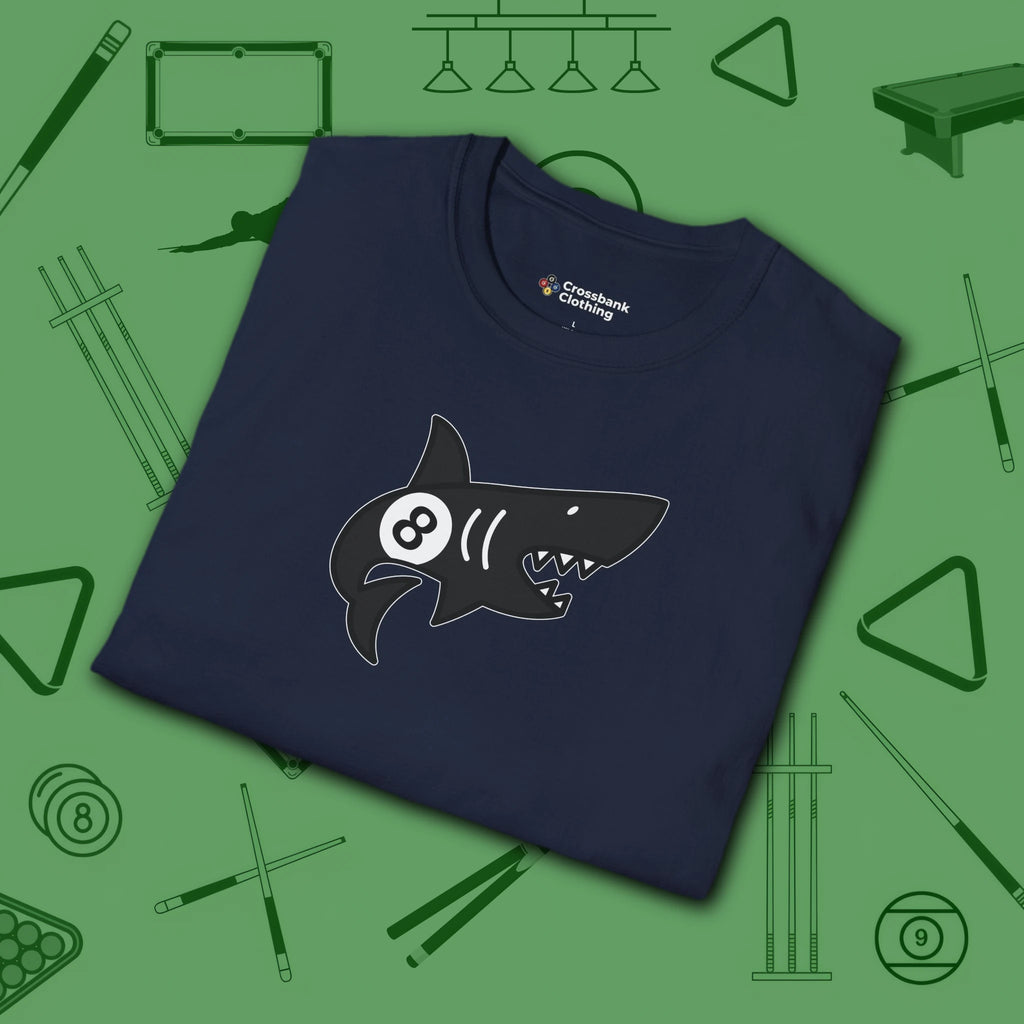 Pool Shark T-Shirt, in Navy color, billiards shirt, folded view