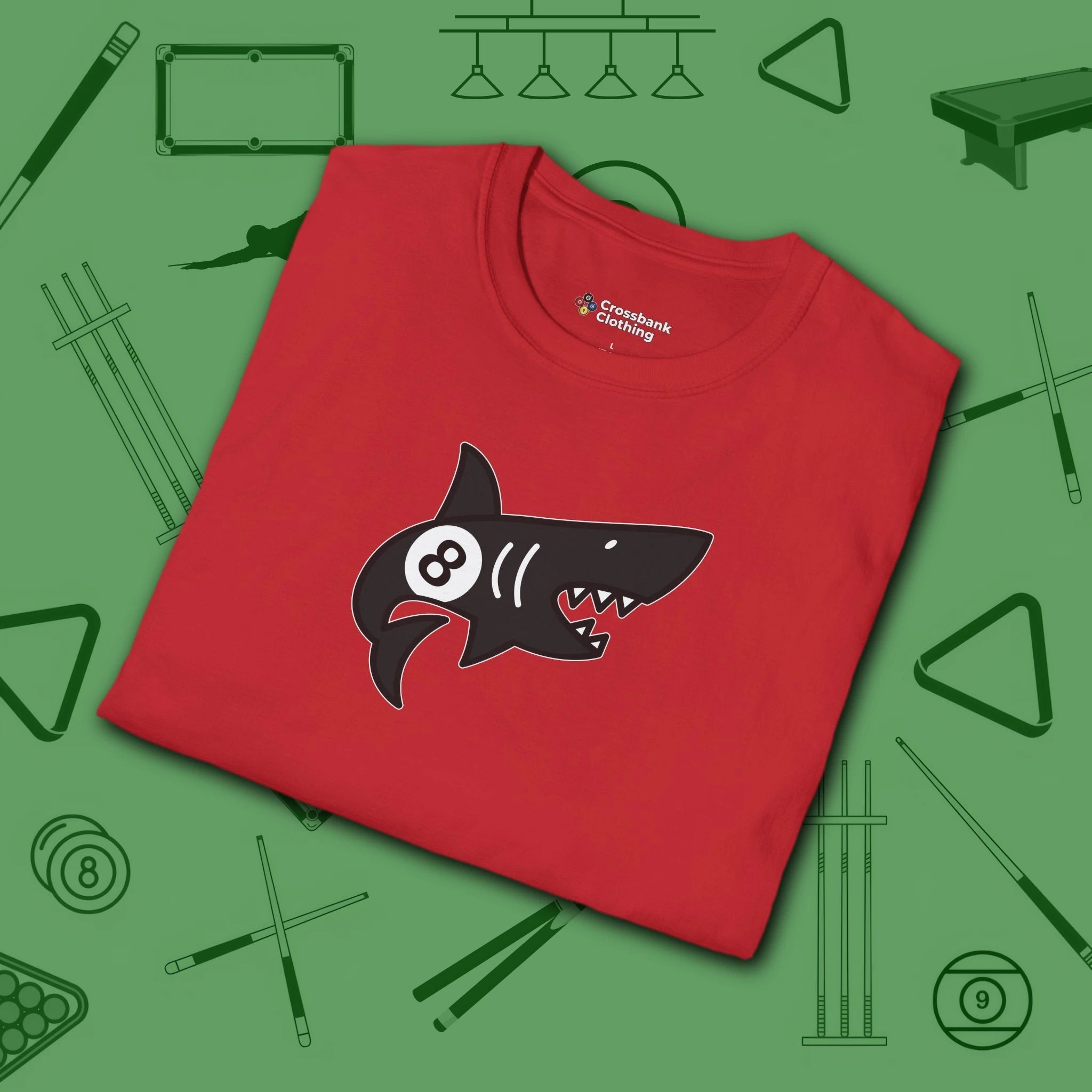 Pool Shark T-Shirt, in Red color, billiards shirt, folded view