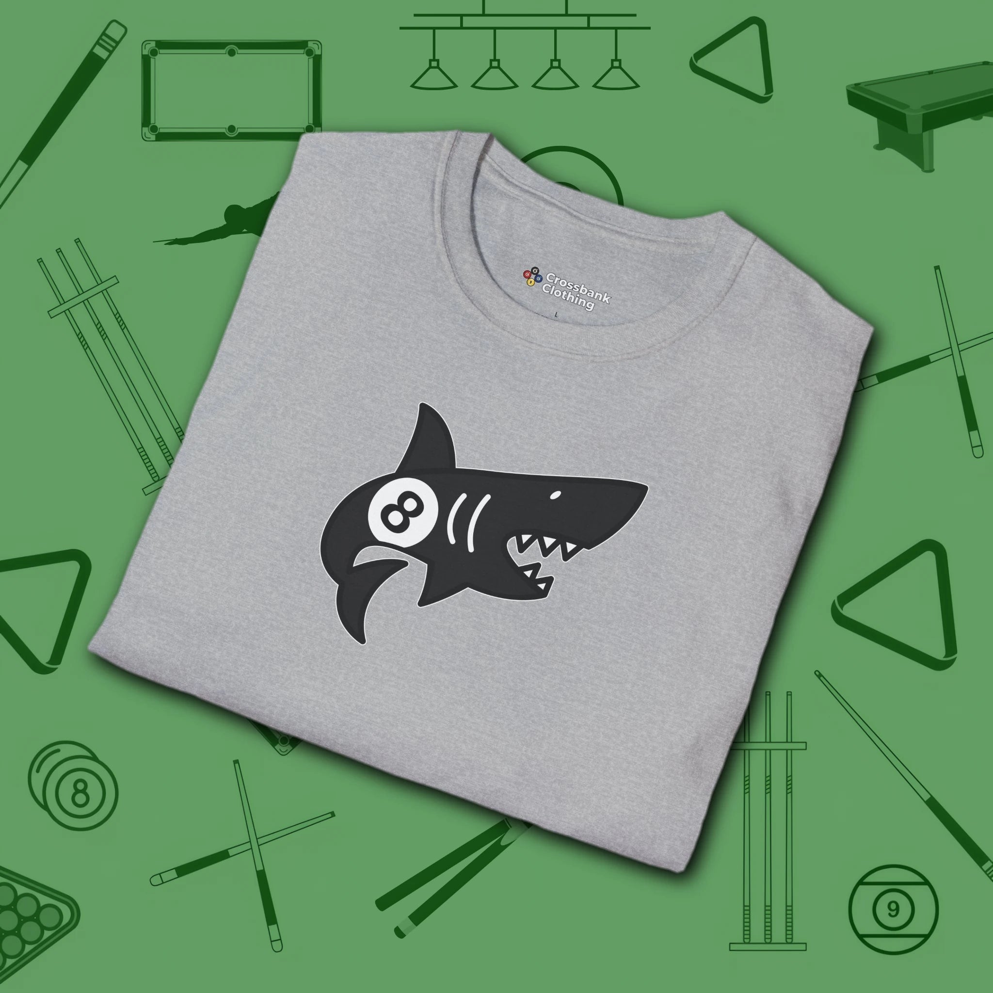 Pool Shark T-Shirt, in Sport Grey color, billiards shirt, folded view