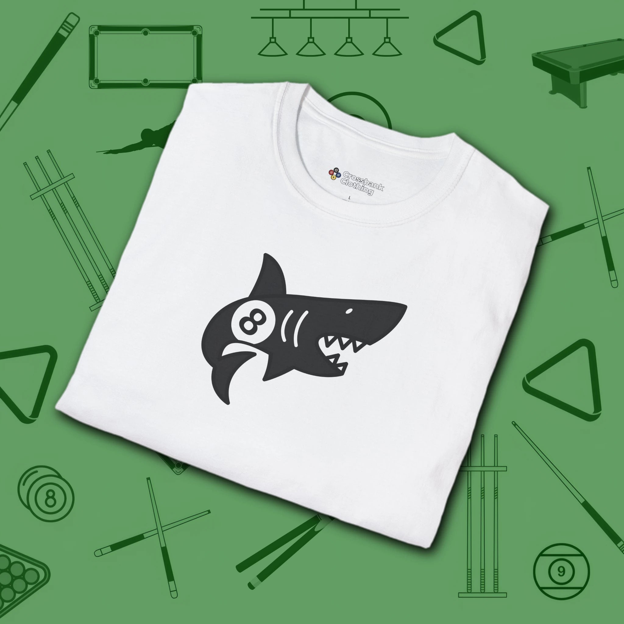 Pool Shark T-Shirt, in White color, billiards shirt, folded view