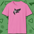Pool Shark T-Shirt, in Azalea color, billiards shirt, front view