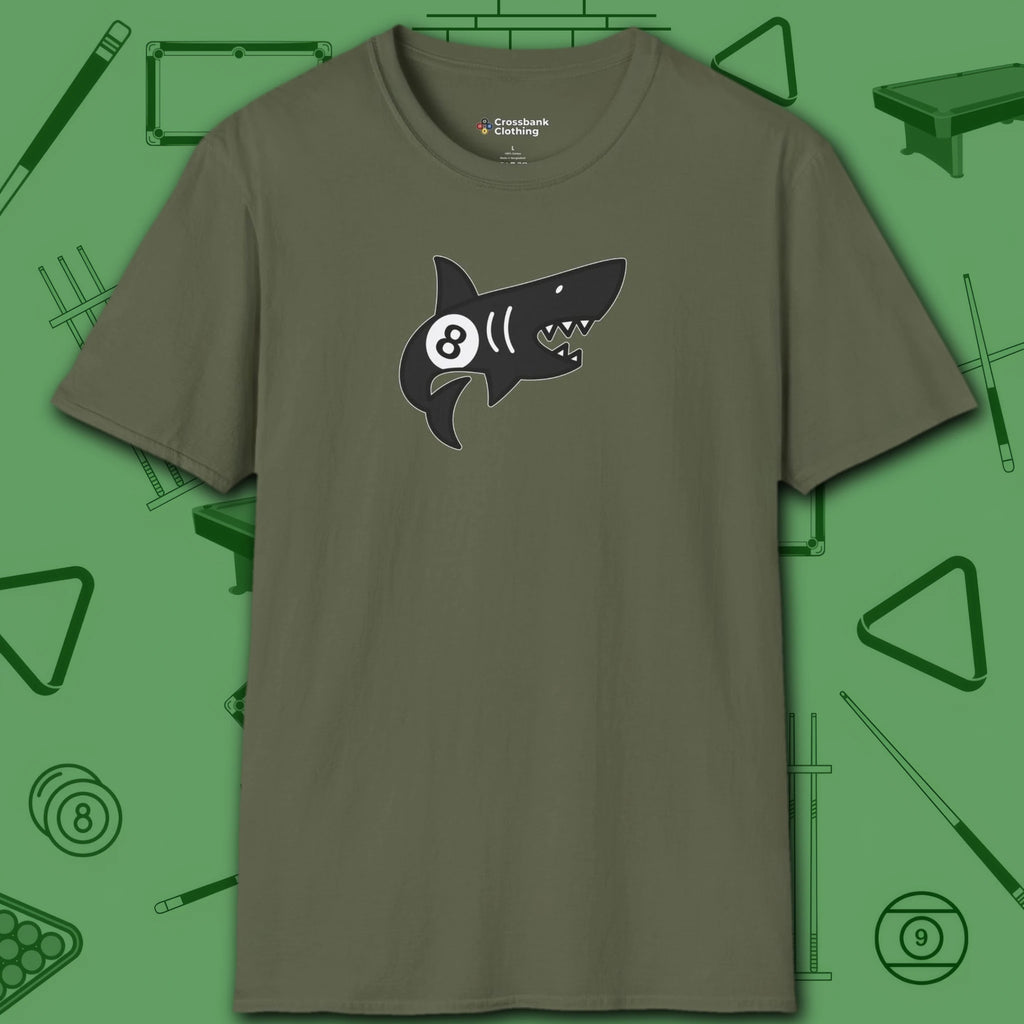 Pool Shark T-Shirt, in Military Green color, billiards shirt, front view