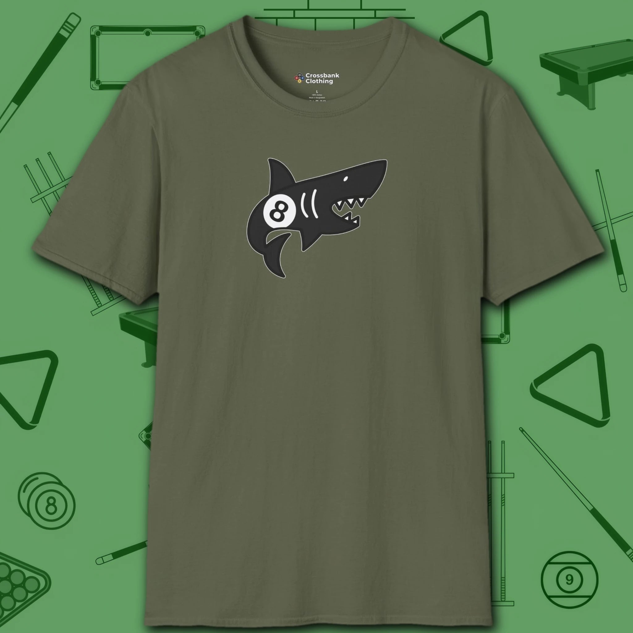 Pool Shark T-Shirt, in Military Green color, billiards shirt, front view