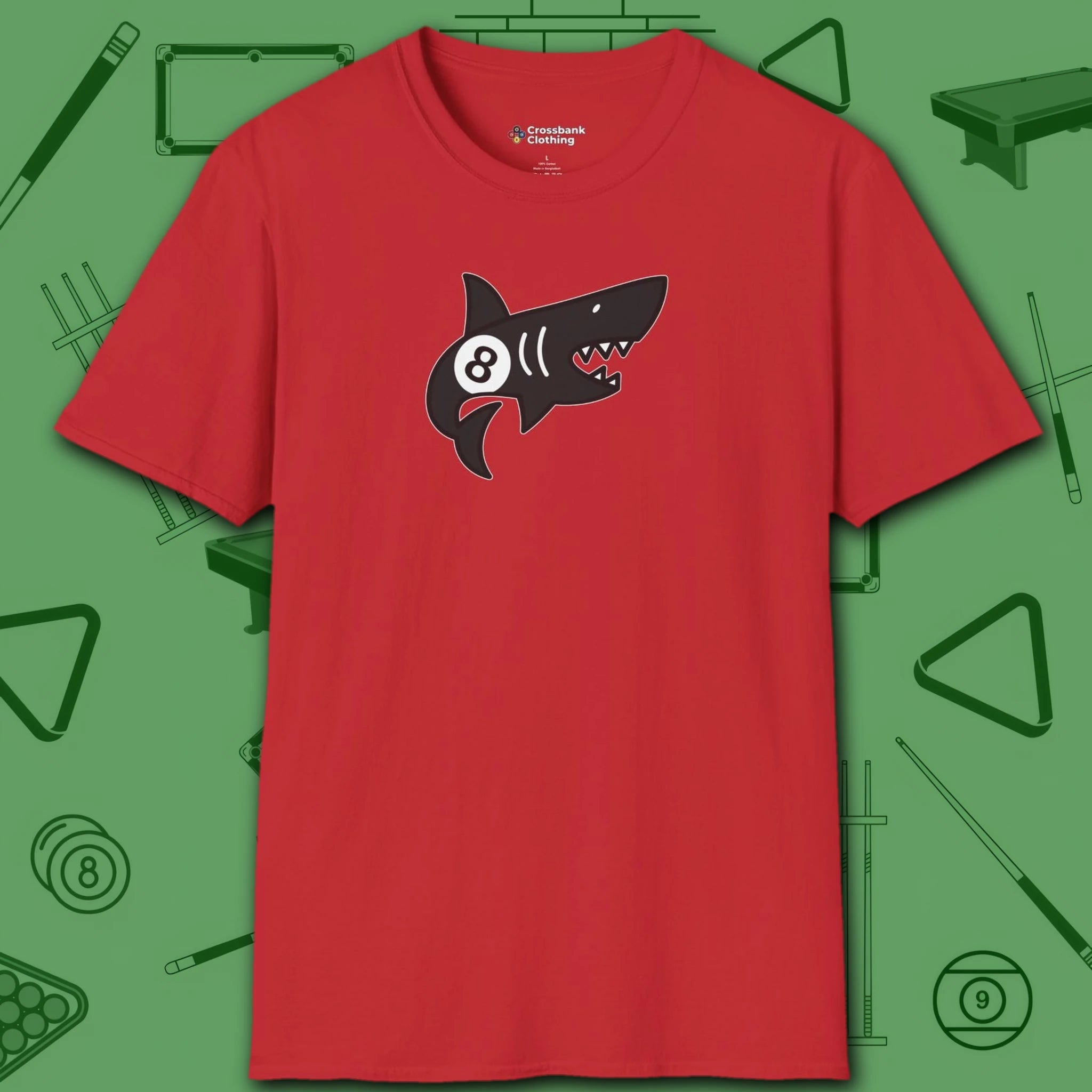 Pool Shark T-Shirt, in Red color, billiards shirt, front view