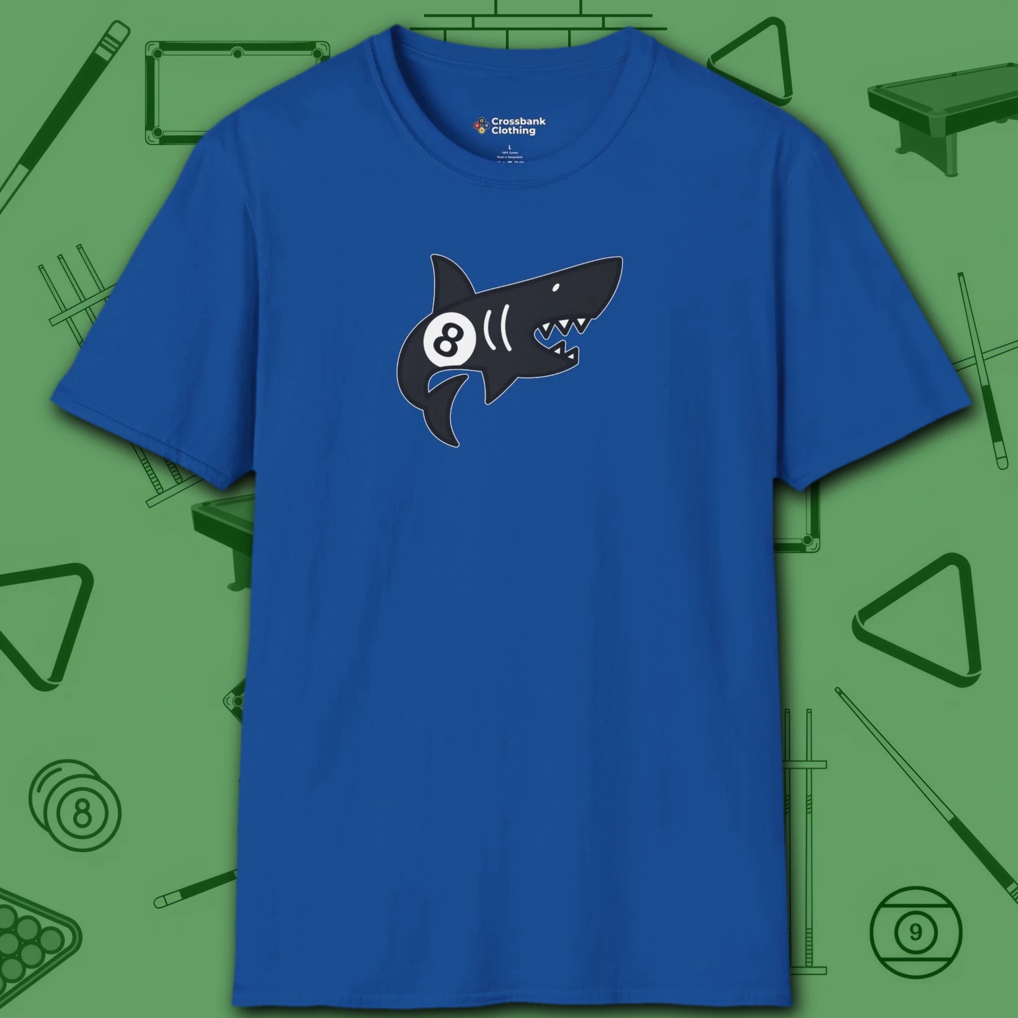 Pool Shark T-Shirt, in Royal color, billiards shirt, front view