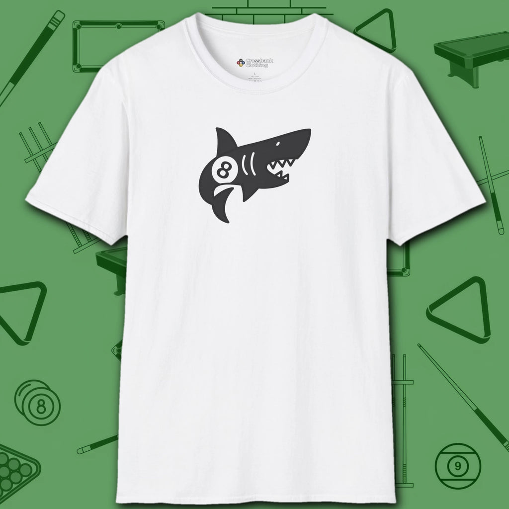 Pool Shark T-Shirt, in White color, billiards shirt, front view