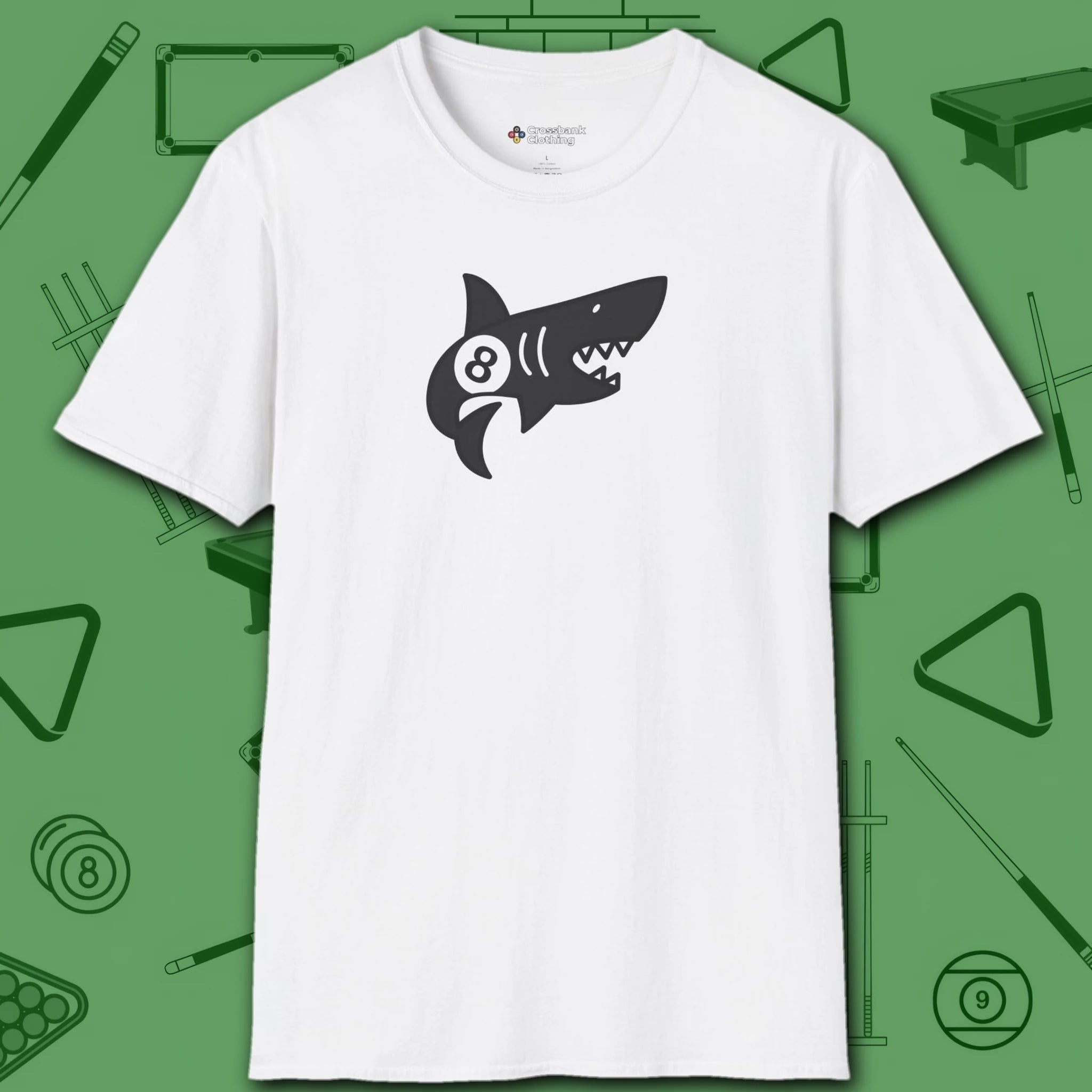 Pool Shark T-Shirt, in White color, billiards shirt, front view
