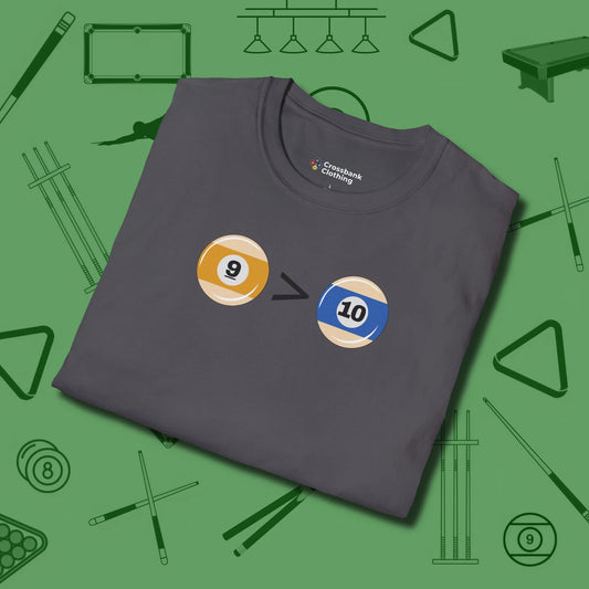 9 Ball Beats 10 Ball T-Shirt, folded view, in Charcoal where cue control meets personal style