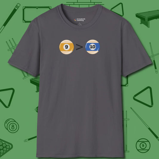 9 Ball Beats 10 Ball T-Shirt, front view, in Charcoal break, run out, turn heads — repeat