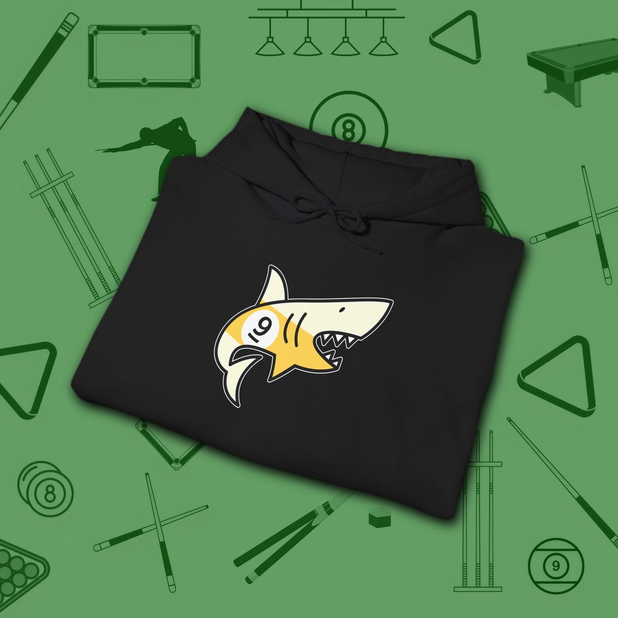 Pool Shark Hoodie, in Black color, billiards shirt, folded view