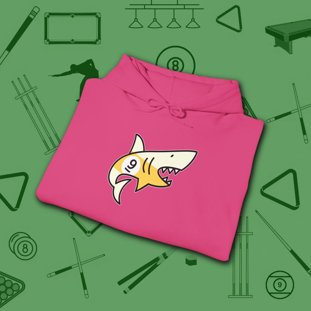 Pool Shark Hoodie, in Heliconia color, billiards shirt, folded view