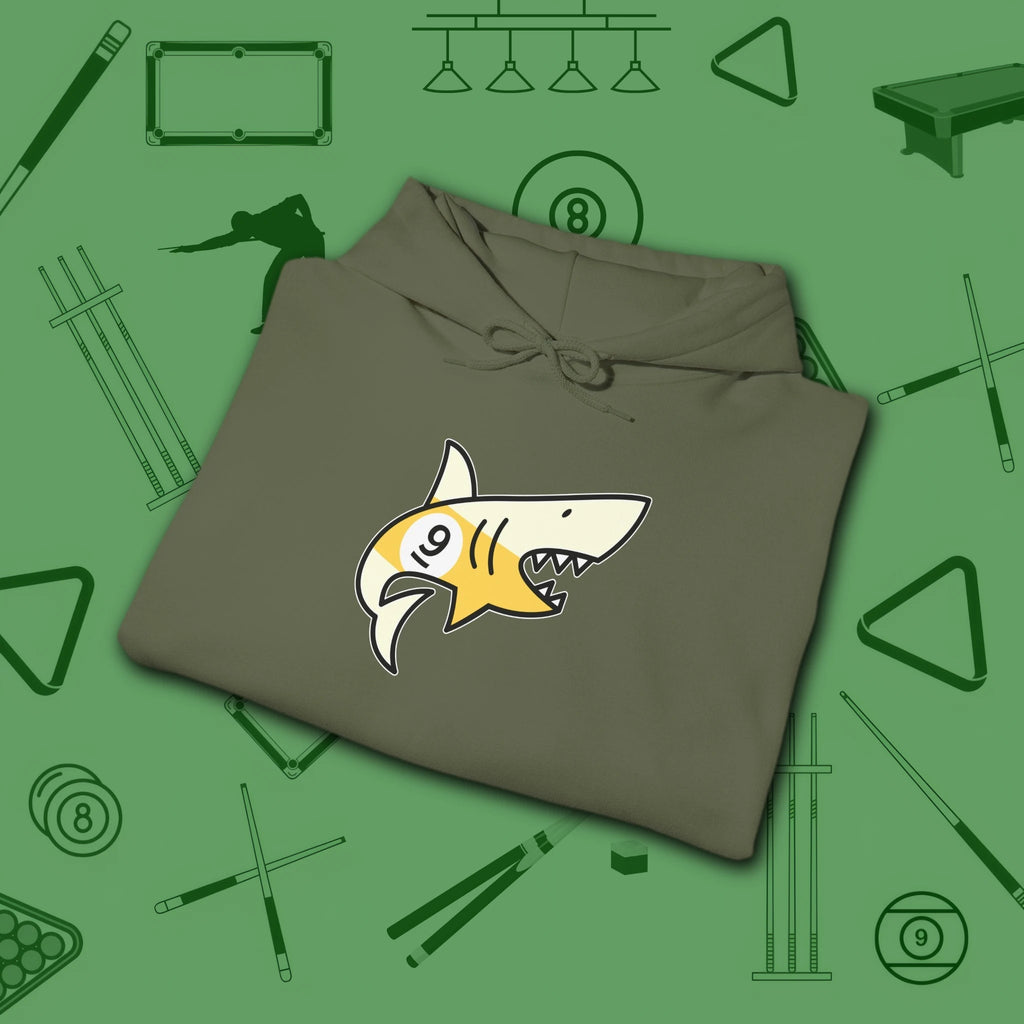 Pool Shark Hoodie, in Military Green color, billiards shirt, folded view