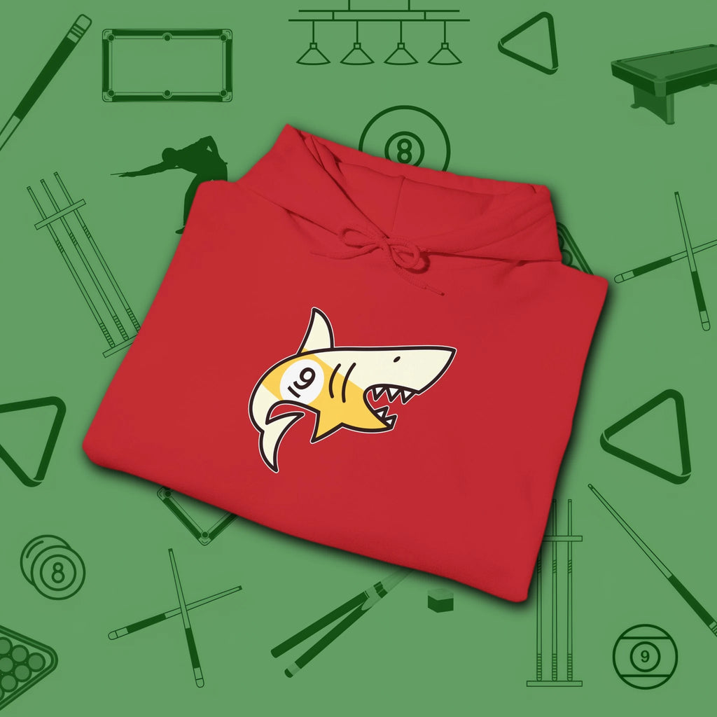 Pool Shark Hoodie, in Red color, billiards shirt, folded view