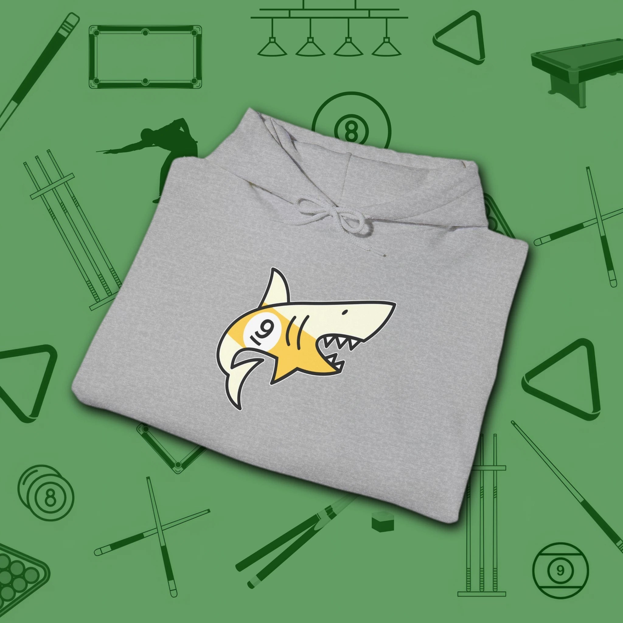 Pool Shark Hoodie, in Sport Grey color, billiards shirt, folded view