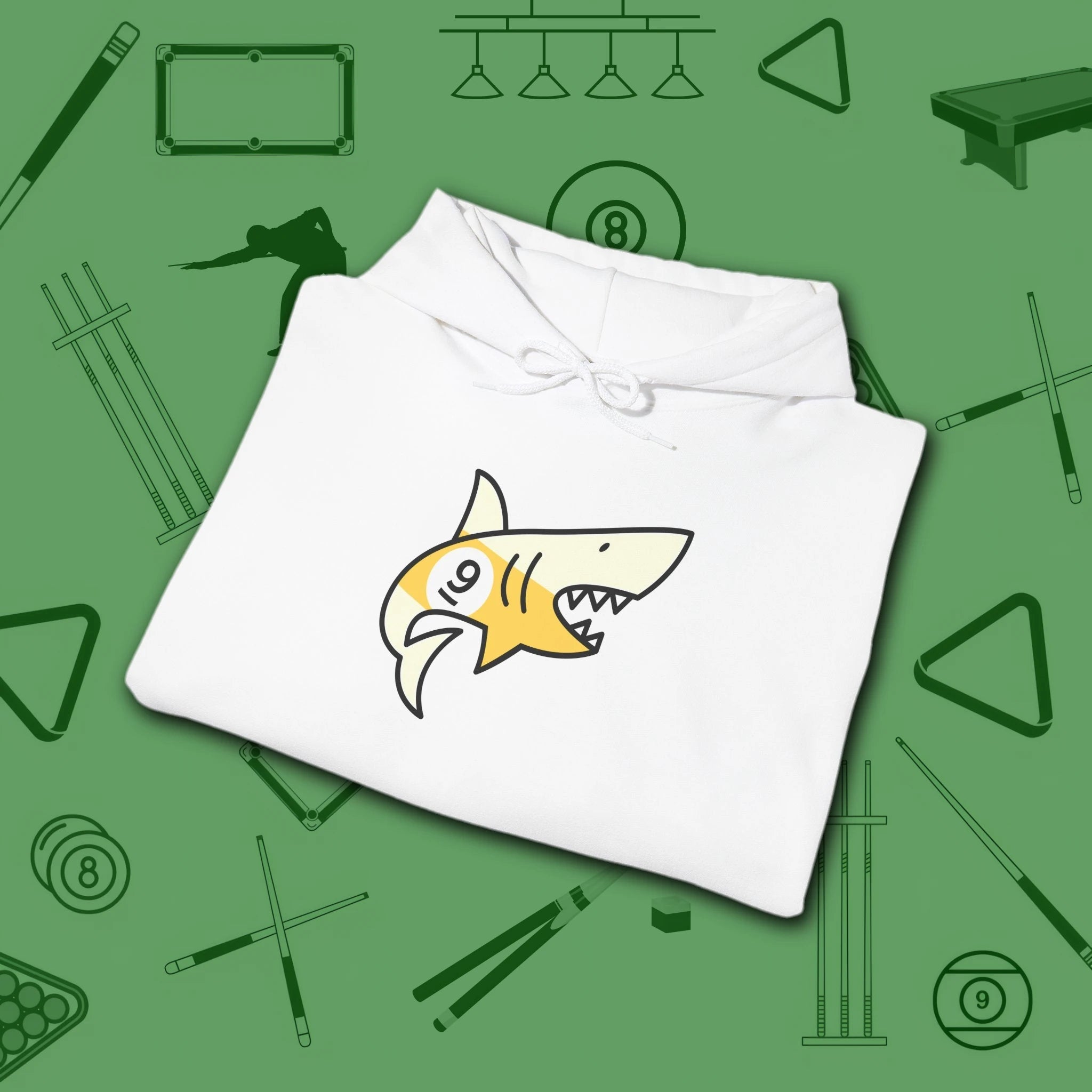 Pool Shark Hoodie, in White color, billiards shirt, folded view