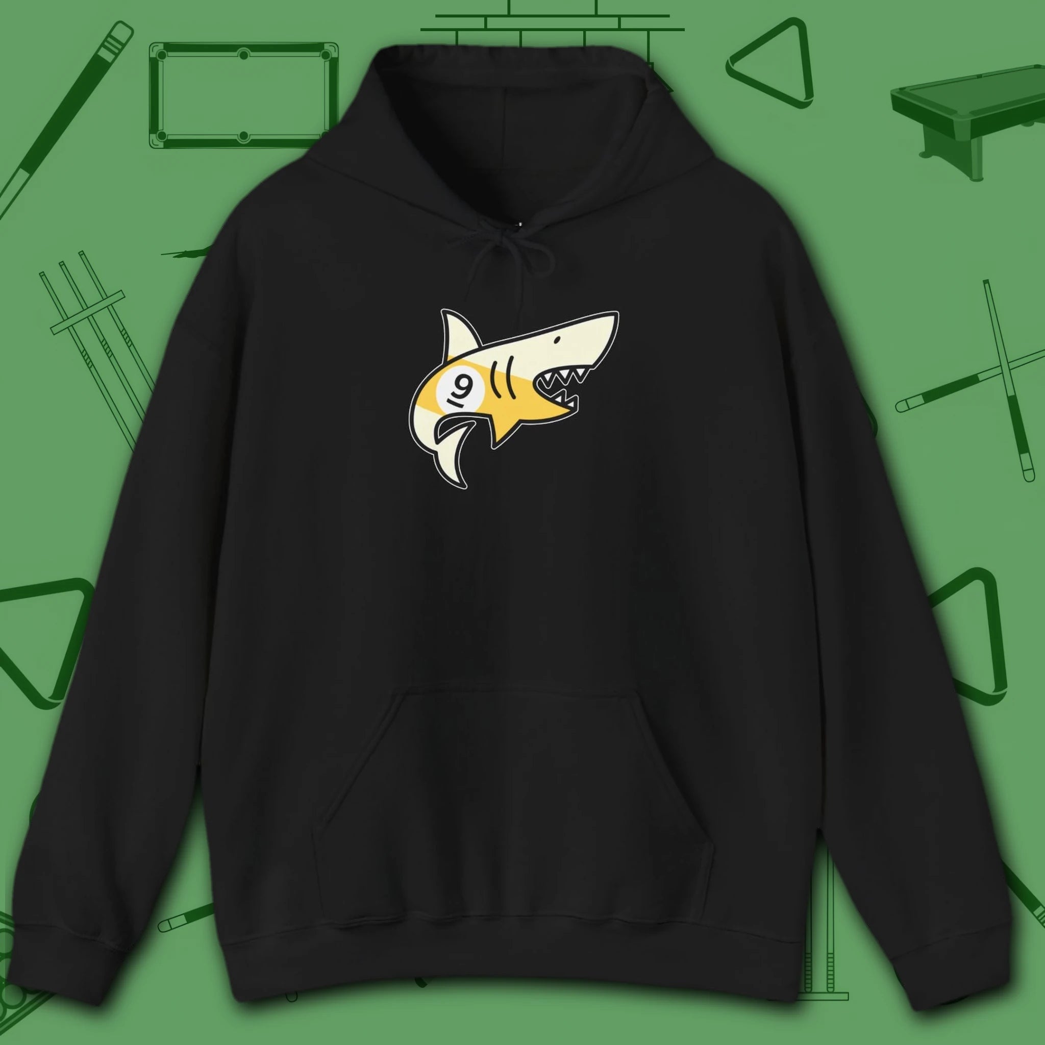 Pool Shark Hoodie, in Black color, billiards shirt, front view