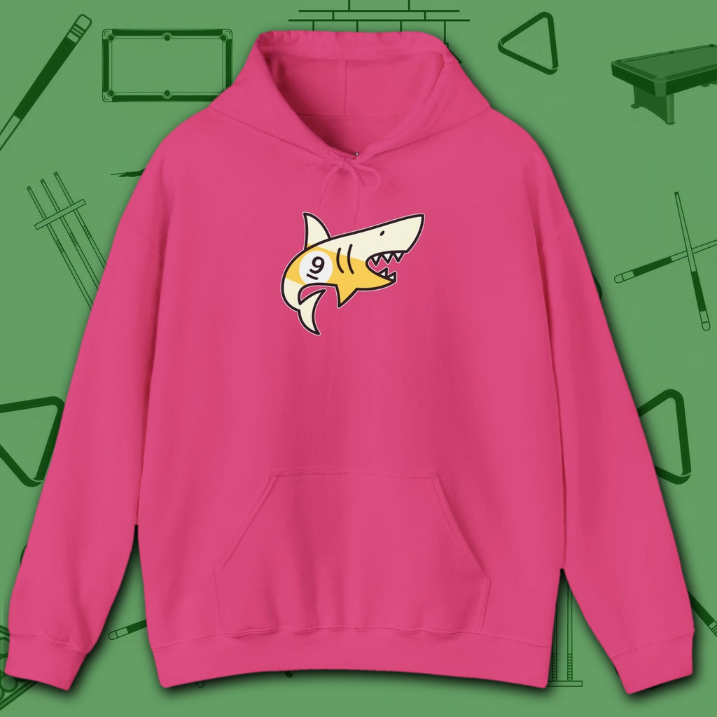 Pool Shark Hoodie, in Heliconia color, billiards shirt, front view