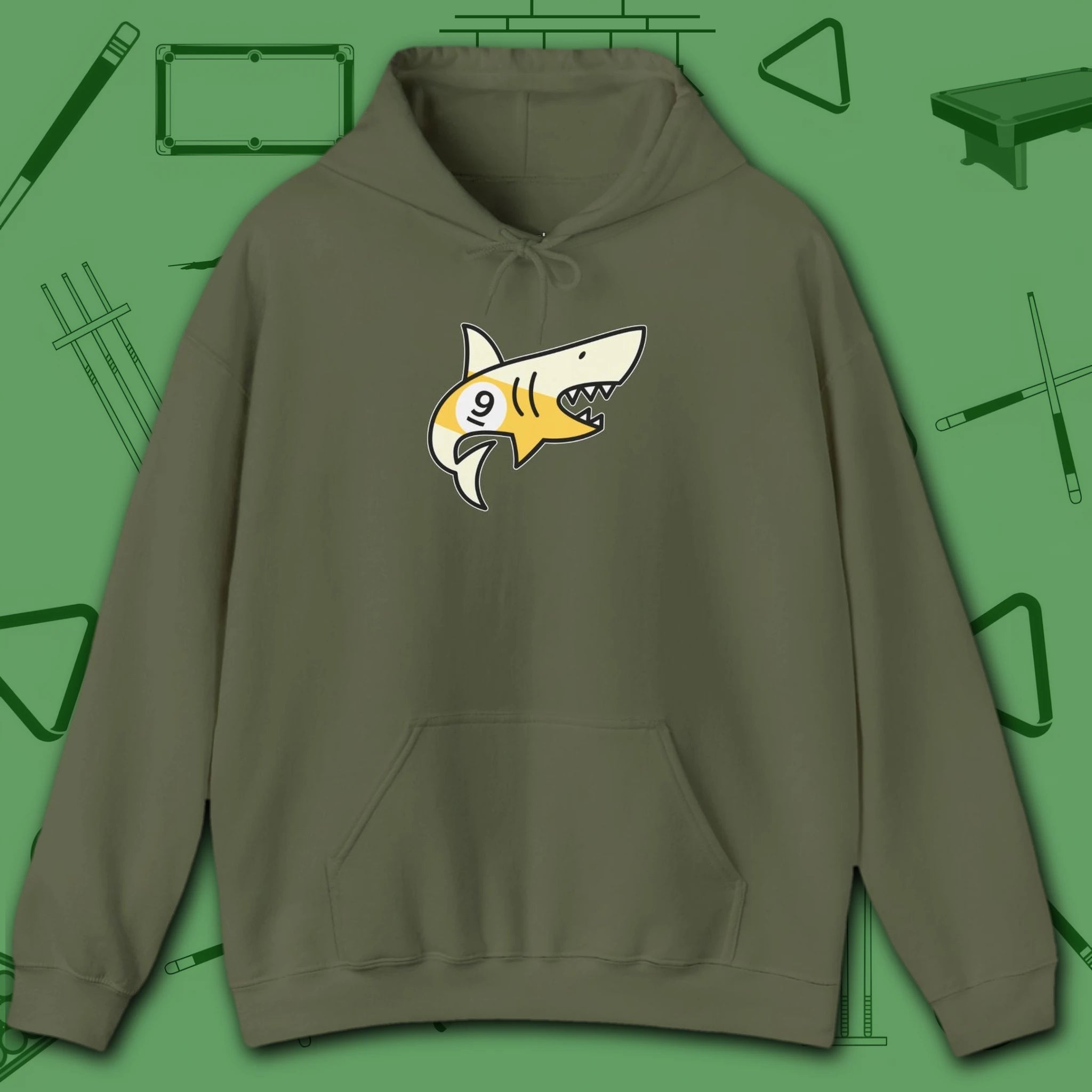 Pool Shark Hoodie, in Military Green color, billiards shirt, front view