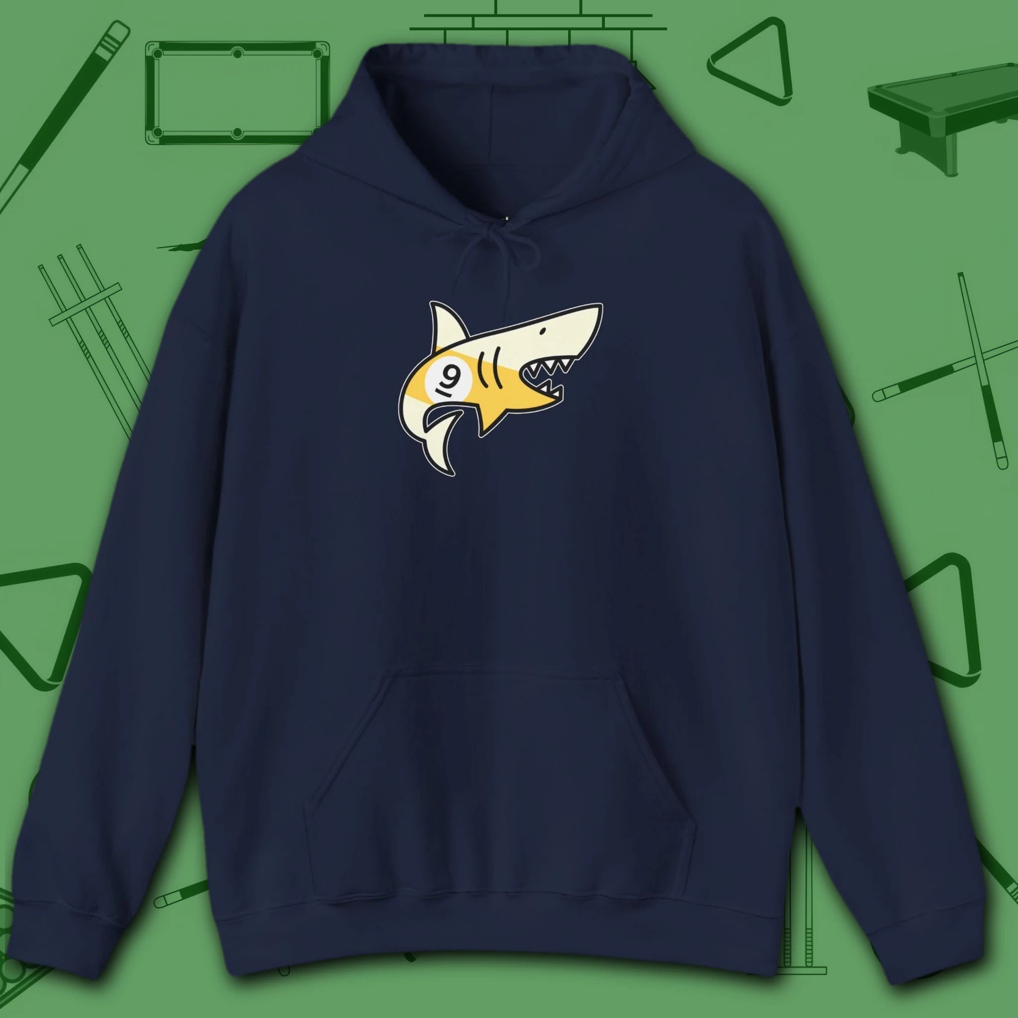 Pool Shark Hoodie, in Navy color, billiards shirt, front view