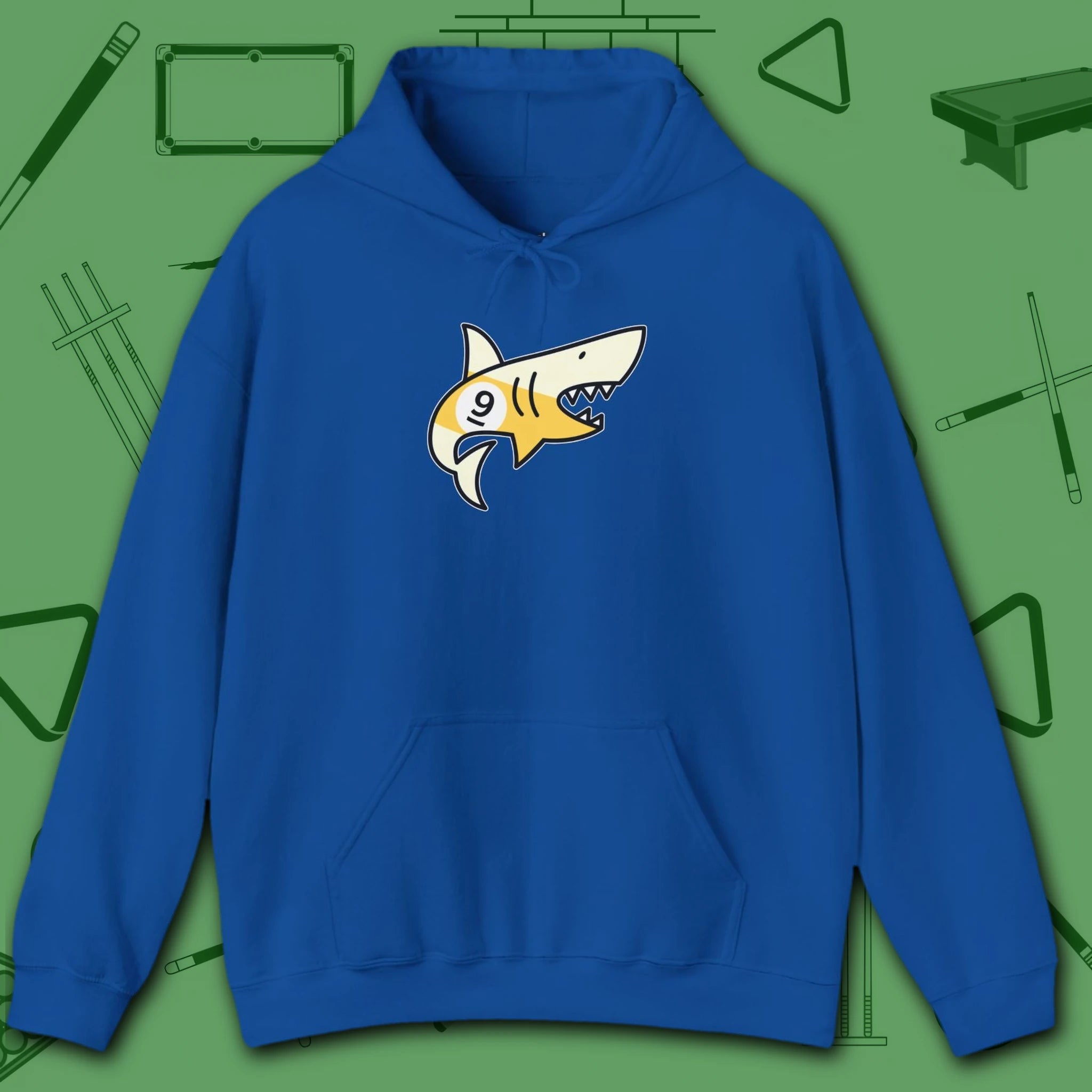 Pool Shark Hoodie, in Royal color, billiards shirt, front view