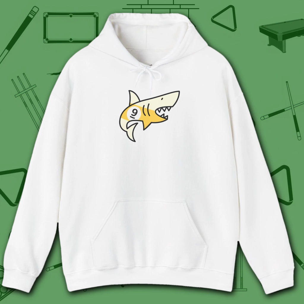 Pool Shark Hoodie, in White color, billiards shirt, front view