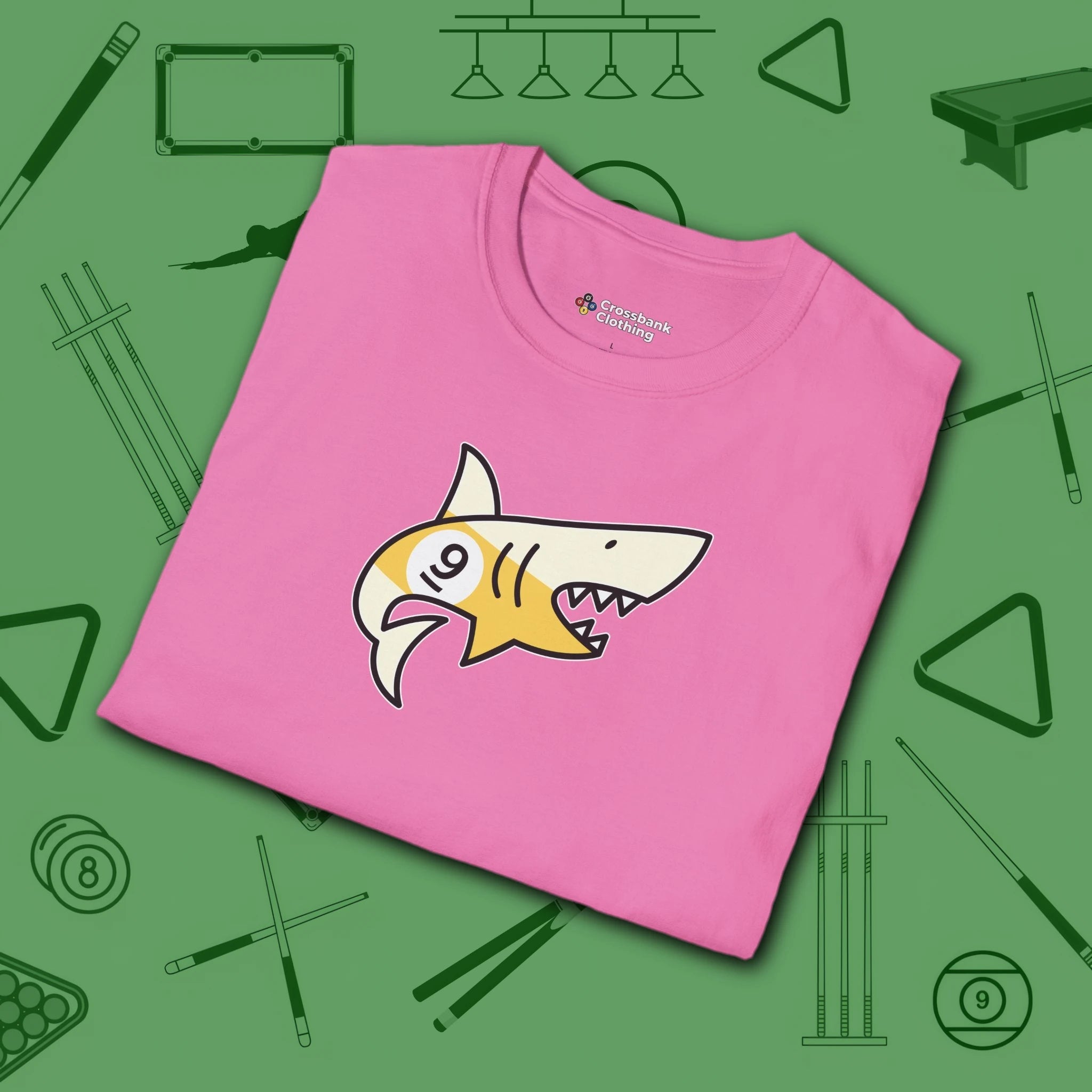 Pool Shark T-Shirt, in Azalea color, billiards shirt, folded view