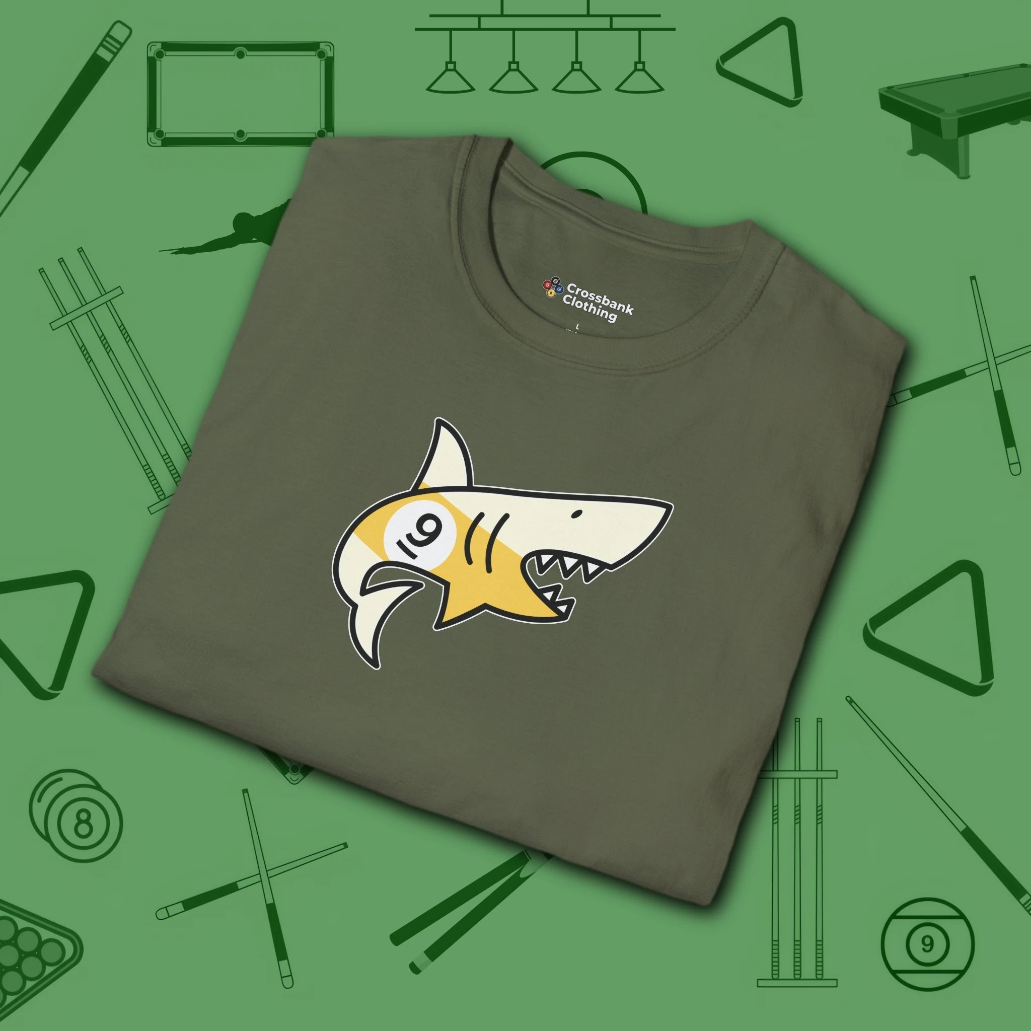 Pool Shark T-Shirt, in Military Green color, billiards shirt, folded view