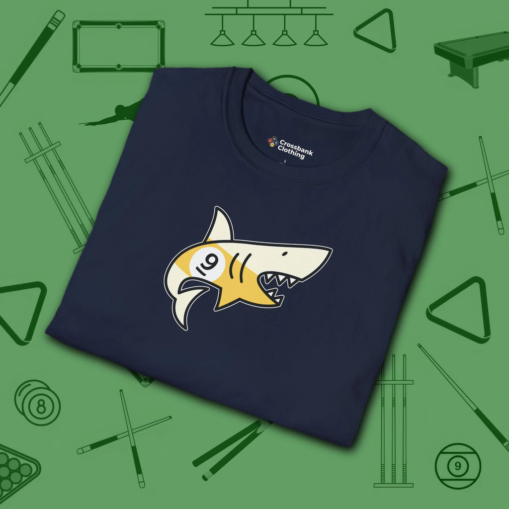 Pool Shark T-Shirt, in Navy color, billiards shirt, folded view