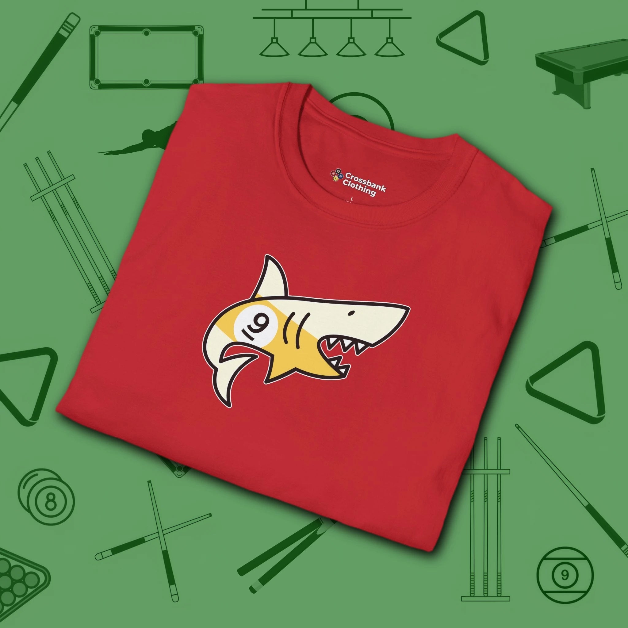 Pool Shark T-Shirt, in Red color, billiards shirt, folded view