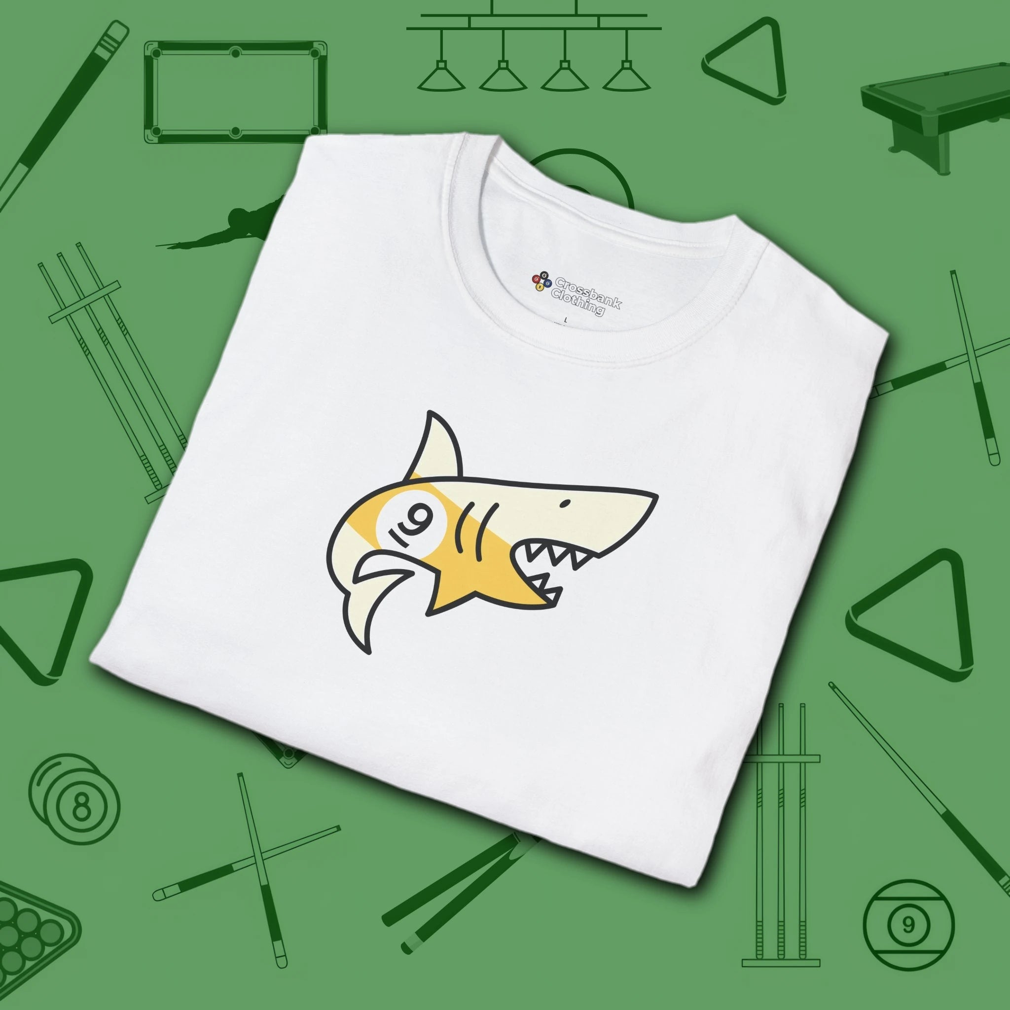 Pool Shark T-Shirt, in White color, billiards shirt, folded view