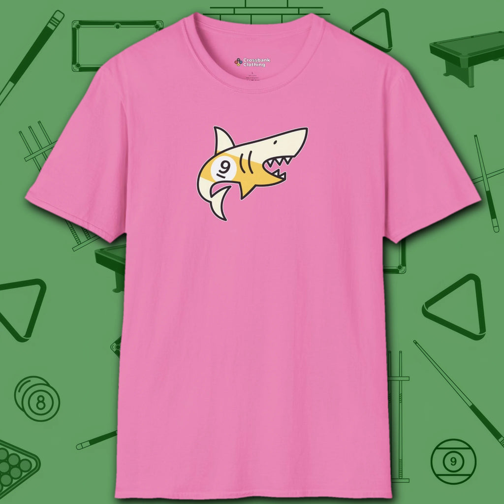 Pool Shark T-Shirt, in Azalea color, billiards shirt, front view