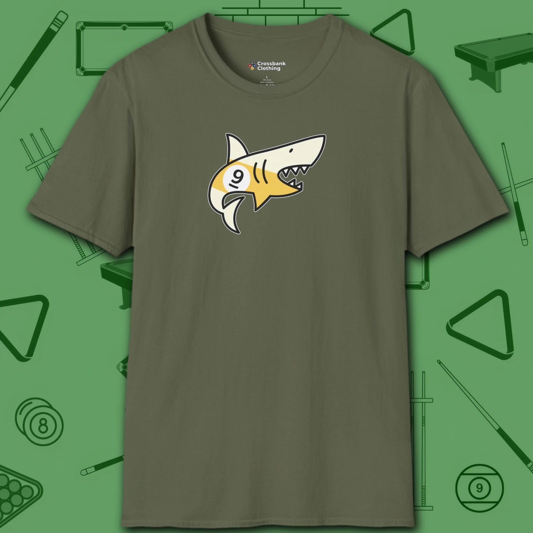 Pool Shark T-Shirt, in Military Green color, billiards shirt, front view