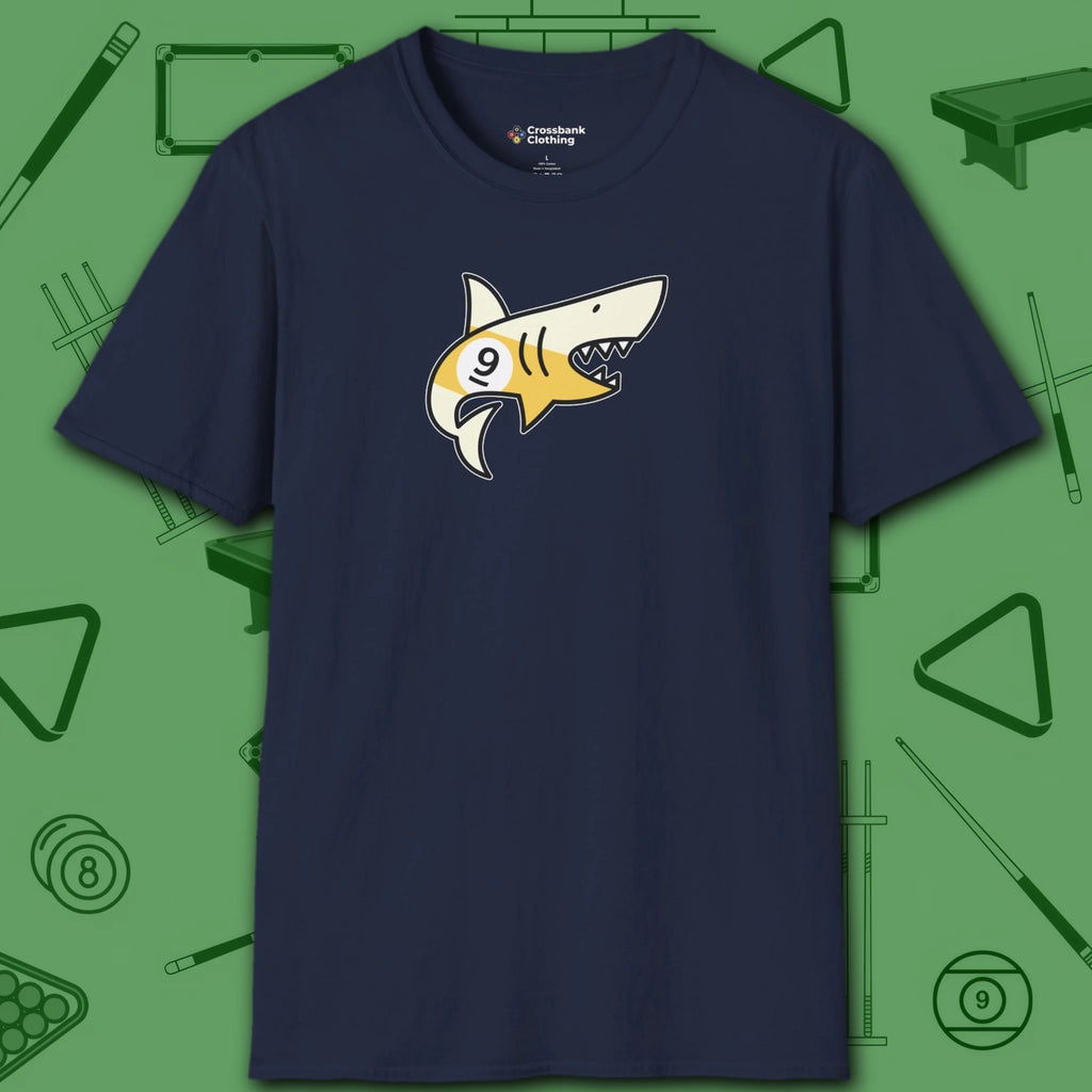 Pool Shark T-Shirt, in Navy color, billiards shirt, front view