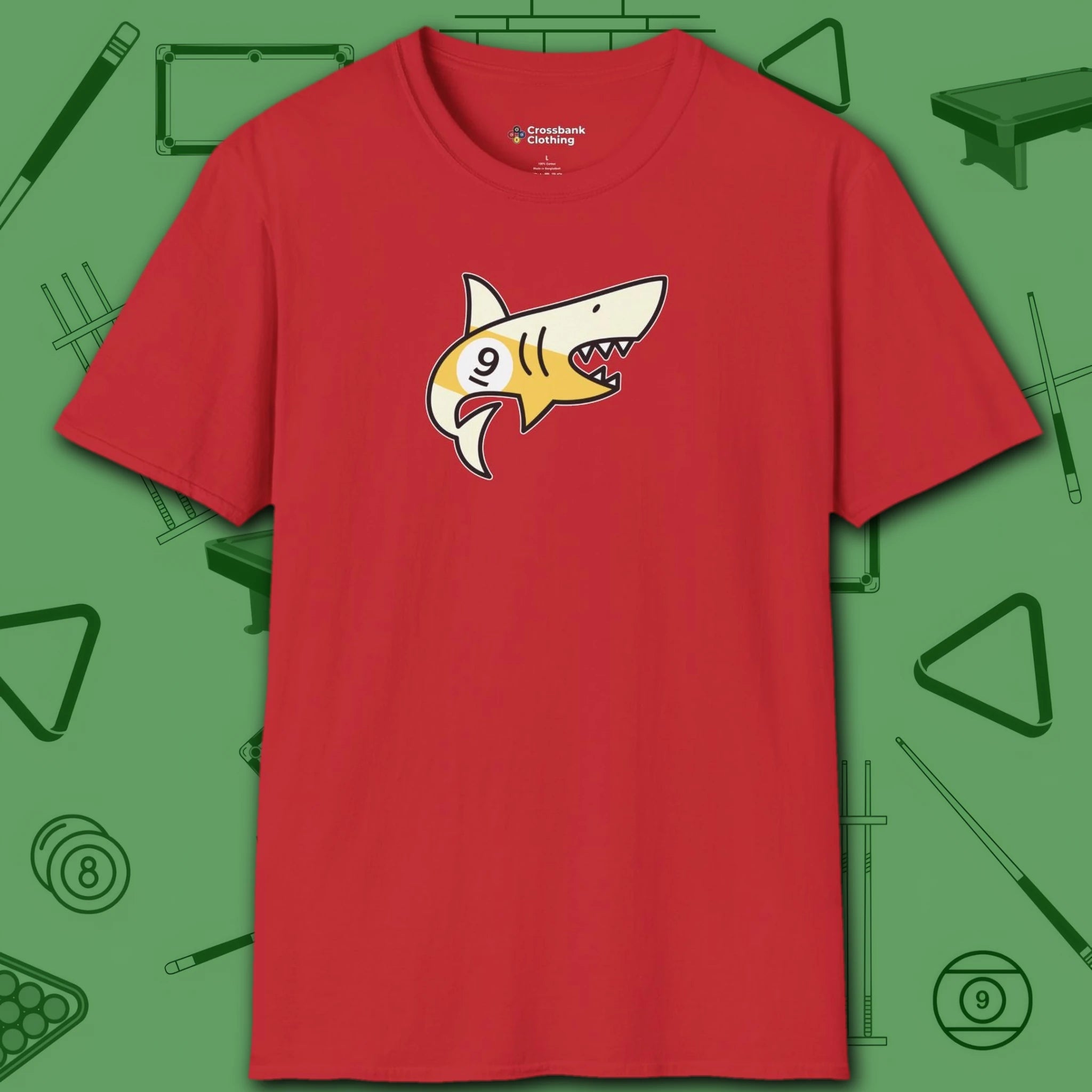 Pool Shark T-Shirt, in Red color, billiards shirt, front view