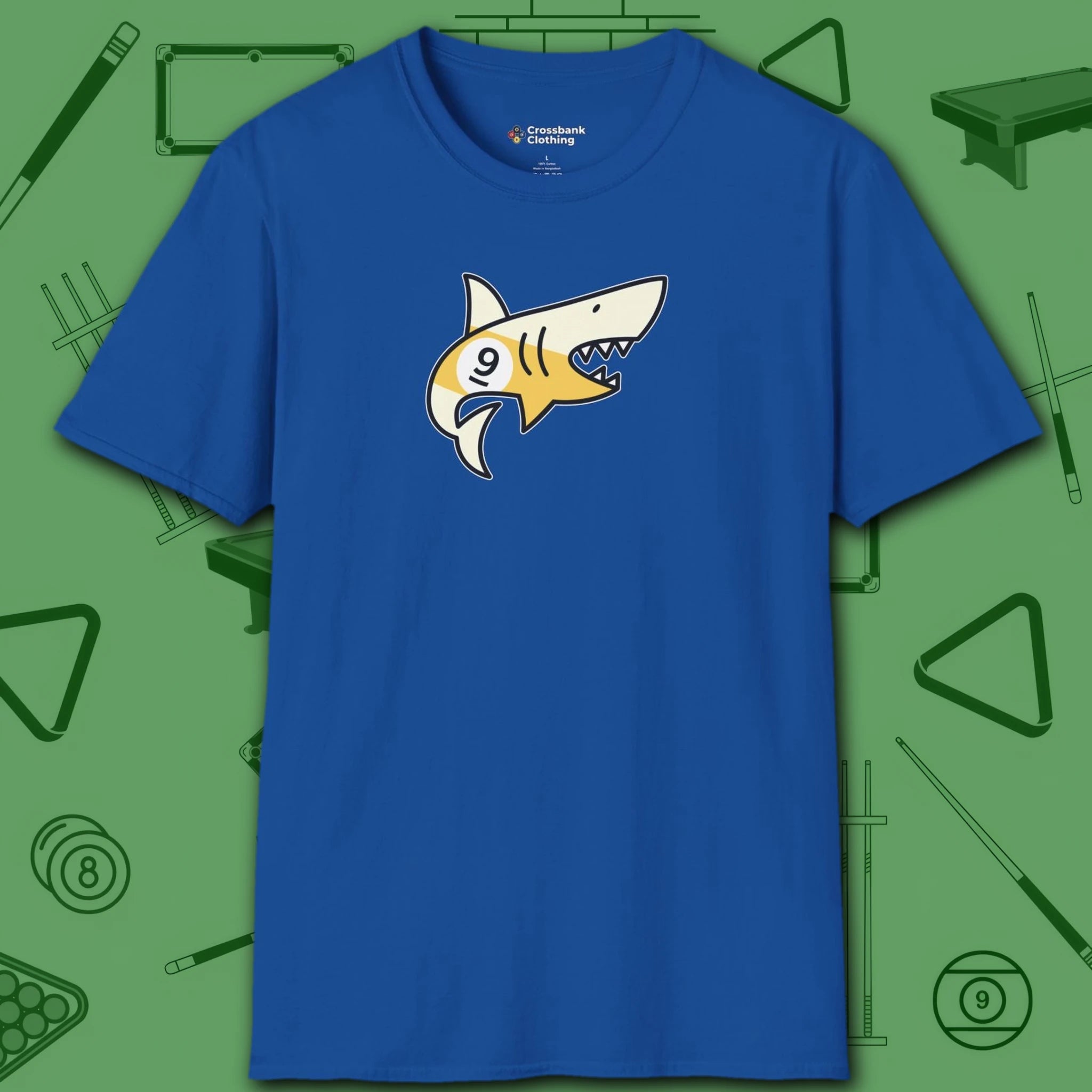 Pool Shark T-Shirt, in Royal color, billiards shirt, front view