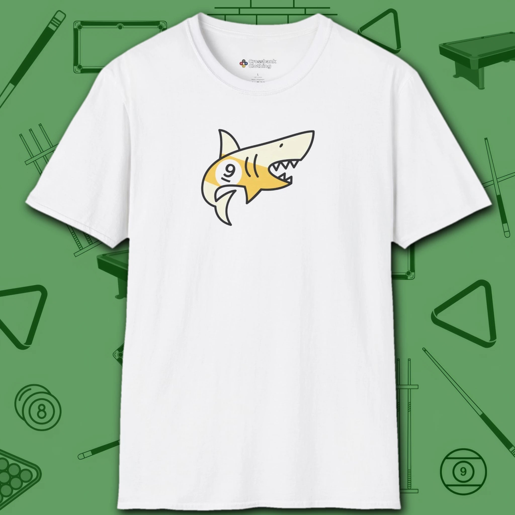 Pool Shark T-Shirt, in White color, billiards shirt, front view