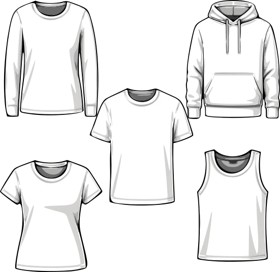Set of white icons for long-sleeve shirt, hoodie, t-shirt, and tank top on a white background